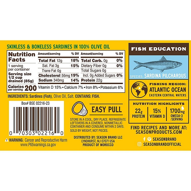 Season Brand Skinless, Boneless Sardines in Olive Oil, 4.375 oz., 6 pk. 5