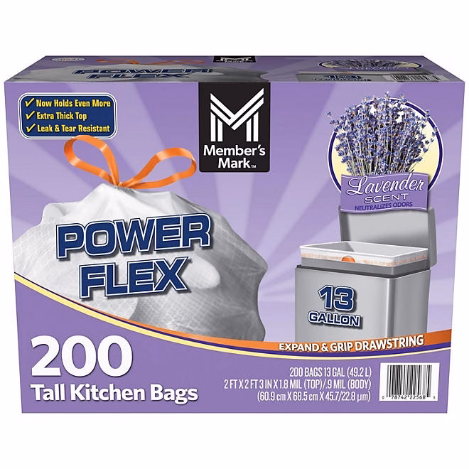 Member's Mark Power Flex 13-Gallon Tall Kitchen Trash Bags, Lavender, 200 ct. 3