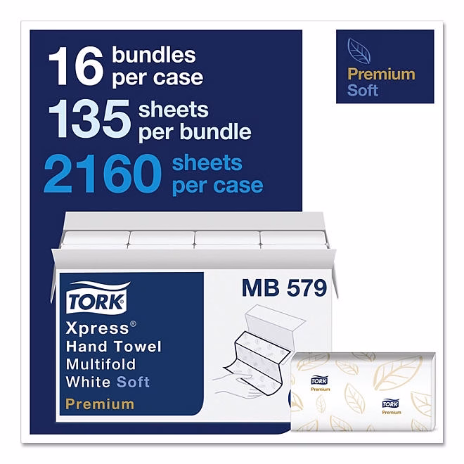 Tork Premium Soft Xpress Multifold 2-Ply White Blue Leaf Hand Towels, 16 pks., 135 towels/pk. 4