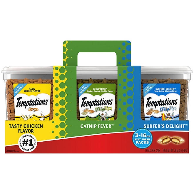 TEMPTATIONS Cat Treats Variety Pack with Tasty Chicken Flavor, Catnip Fever, & Surfers' Delight, 16 oz., 3 tubs 3