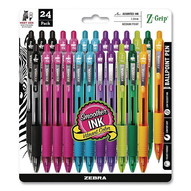 Zebra Z-Grip Ballpoint Pen, Retractable, Medium 1 mm, Assorted Artistic Ink and Barrel Colors, 24/Pack 4