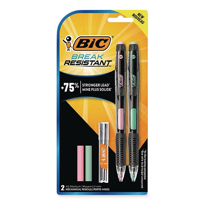 BIC Break-Resistant Mechanical Pencils with Erasers, 0.7 mm, HB (2), Black Lead, Assorted Barrel Colors, 2/Pack 3