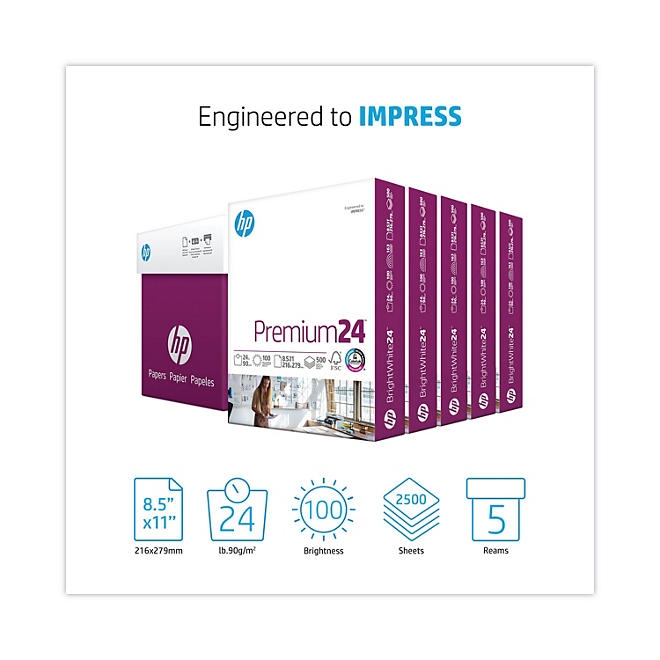 HP LaserJet Paper, 24lb, 97 Bright, Letter, Ultra White, 2500 Sheets/Carton 5