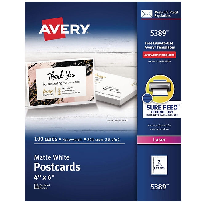 Avery Postcards for Laser Printers, 4 x 6, Uncoated White, 2/Sheet, 100/Box 3