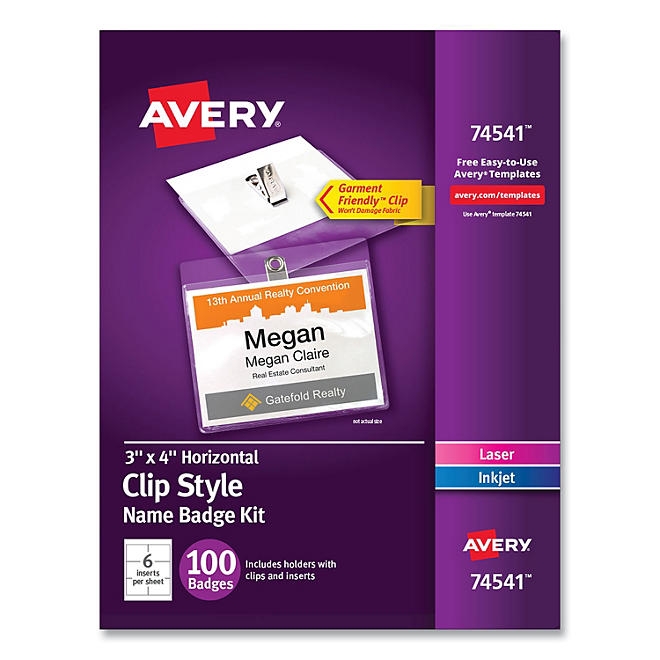 Avery Clip-Style Name Badge Holder with Laser/Inkjet Insert, Top Load, 4 x 3, White, 100/Box 3