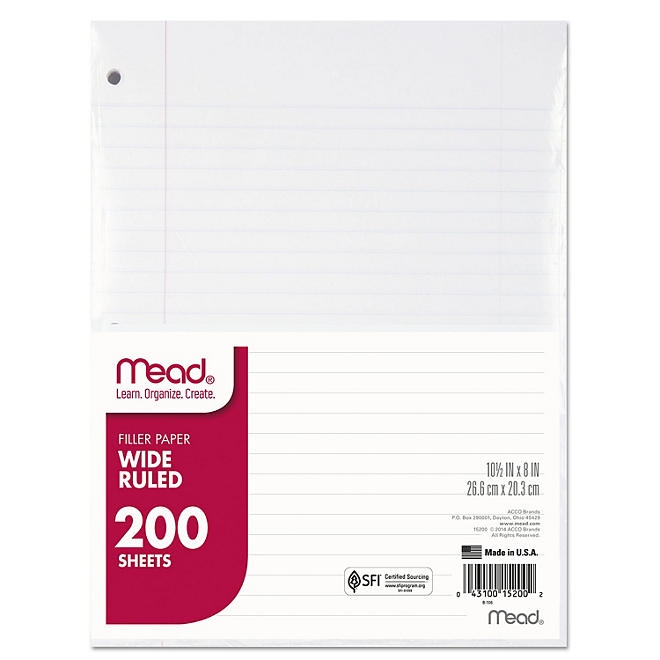 Mead - Filler Paper, 16-lbs., Wide Ruled, 3-hole punched - 10-1/2 x 8 - 200 Sheets 3