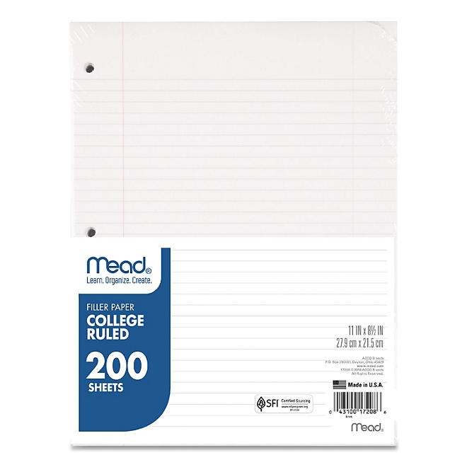 Mead Filler Paper, 3-Hole, 8.5 x 11, College Rule, 200/Pack 3