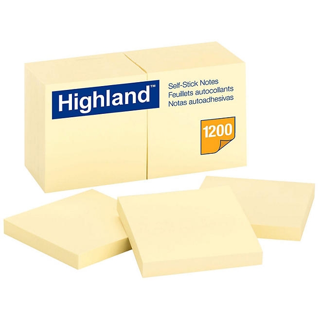 Highland - Self-Stick Pads, 3 x 3, Yellow, 100 Sheets/Pad - 12 Pads/Pack 3
