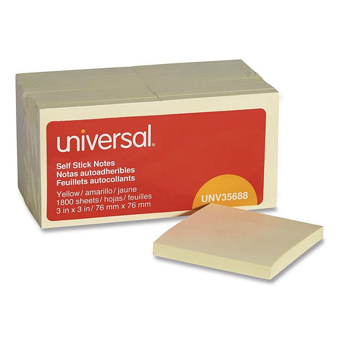 Universal Self-Stick Note Pads, 3 x 3, Yellow, 100-Sheet, 18/Pack 3