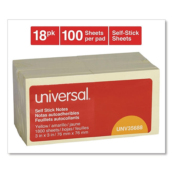 Universal Self-Stick Note Pads, 3 x 3, Yellow, 100-Sheet, 18/Pack 4