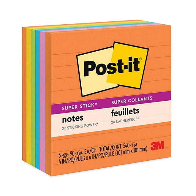 Post-it Super Sticky Notes, 4 x 4, Lined, 90 Sheet Pads, 6 Pads, Jewel Pop Collection 3