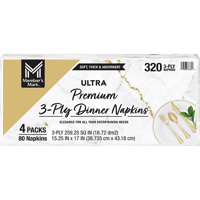 Member's Mark Ultra Premium 3-Ply White Dinner Napkins, 4 pks., 80 napkins/pk. 3