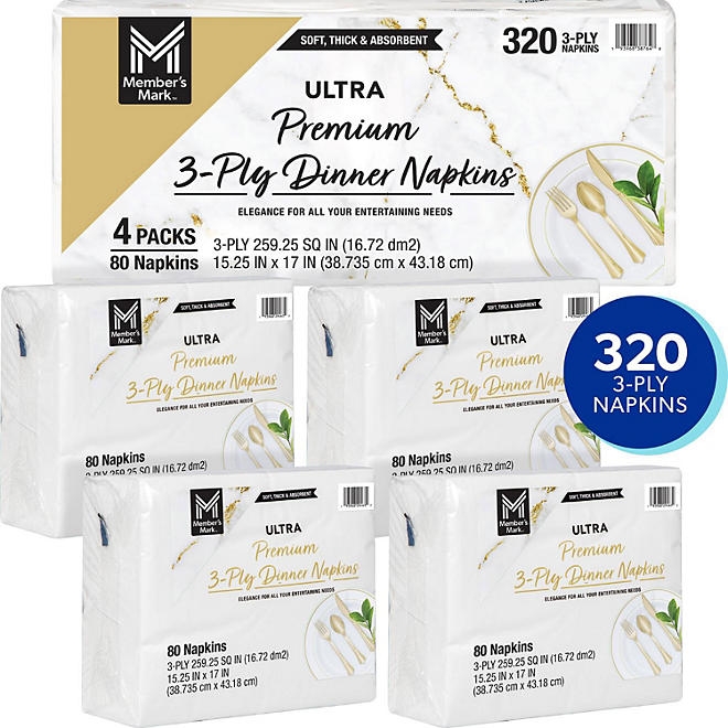 Member's Mark Ultra Premium 3-Ply White Dinner Napkins, 4 pks., 80 napkins/pk. 4