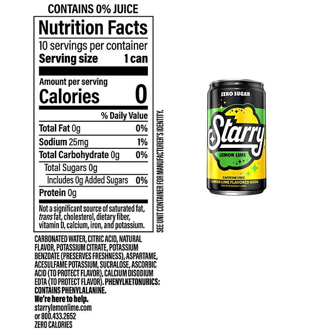 Starry Zero Sugar Lemon Lime Soda Mini Cans, 7.5 fl oz., 30 pk. 4