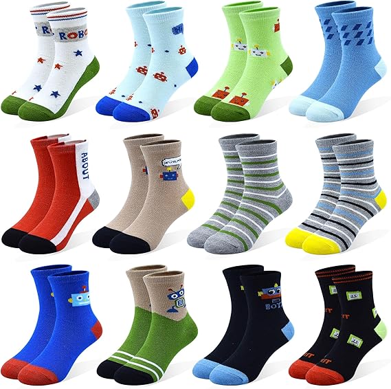 12 Pairs Boys Socks for Kids Crew Socks Cotton Cartoon Novelty Crazy for Toddler 1-7 Years Old