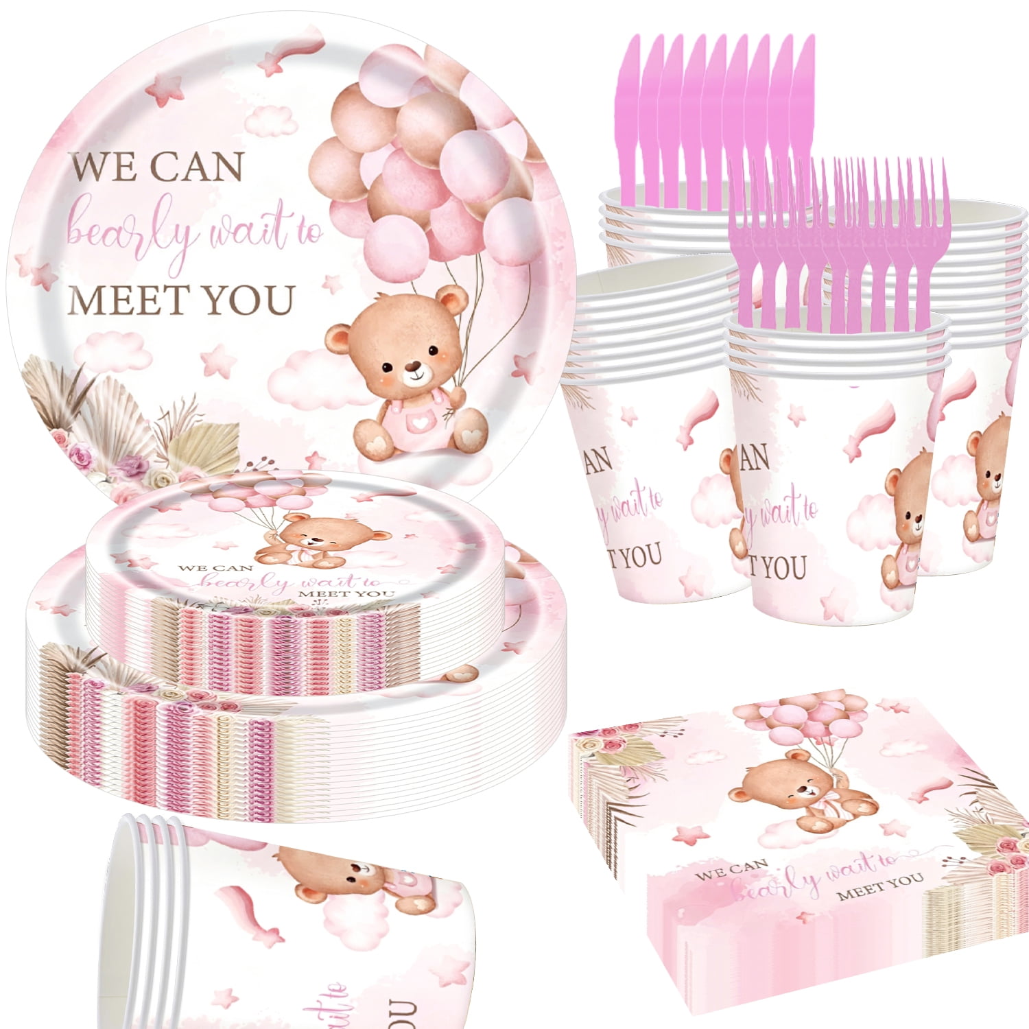 120 Pcs Teddy Bear Floral Theme Gender Reveal Birthday PARTY plate Napkins For 20 Guests