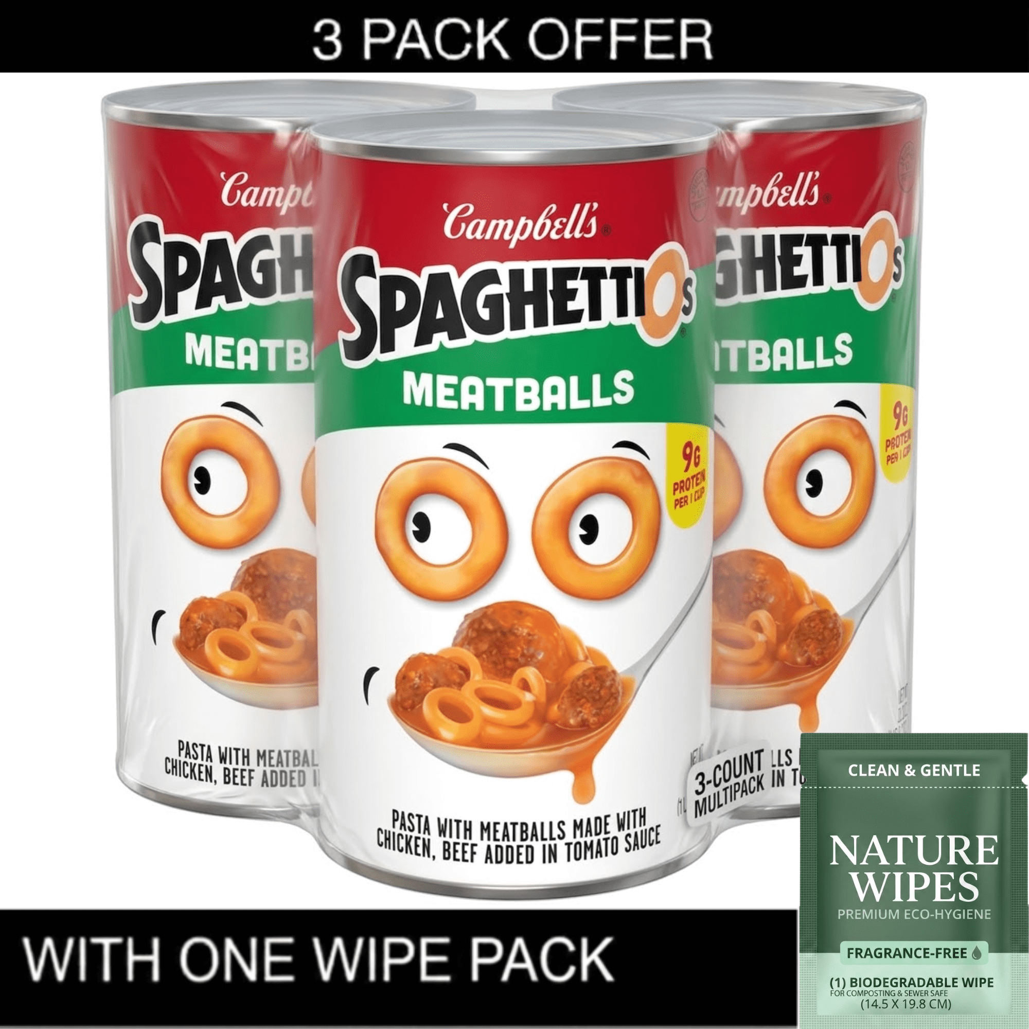 3X SpaghettiOs Canned Pasta with Meatballs, 22.2 oz Can & Wipe Pack