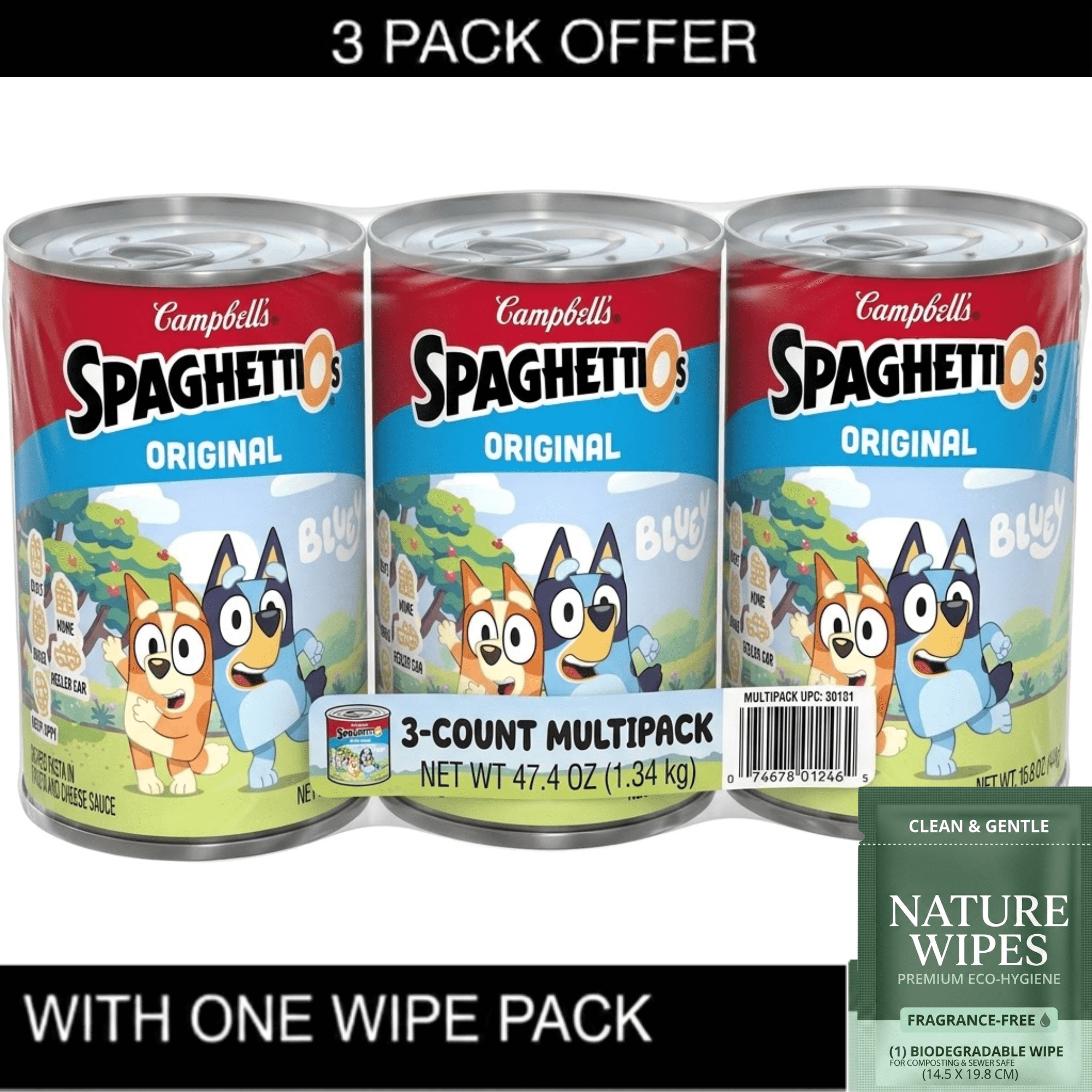 3X SpaghettiOs Original Bluey Shapes Canned Pasta, 15.8 oz Can & Wipe Pack