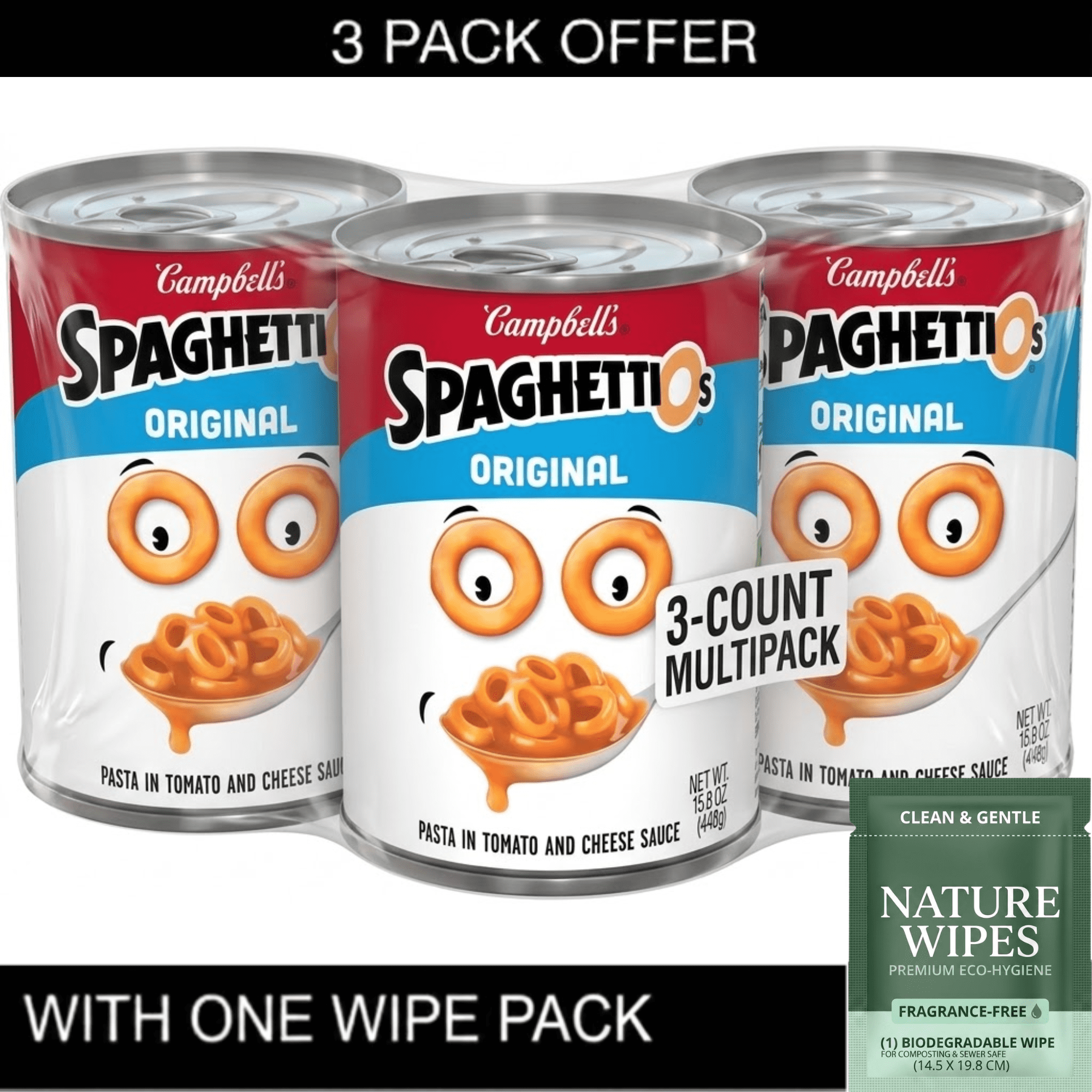 3X SpaghettiOs Original Canned Pasta, 15.8 oz Can & Wipe Pack
