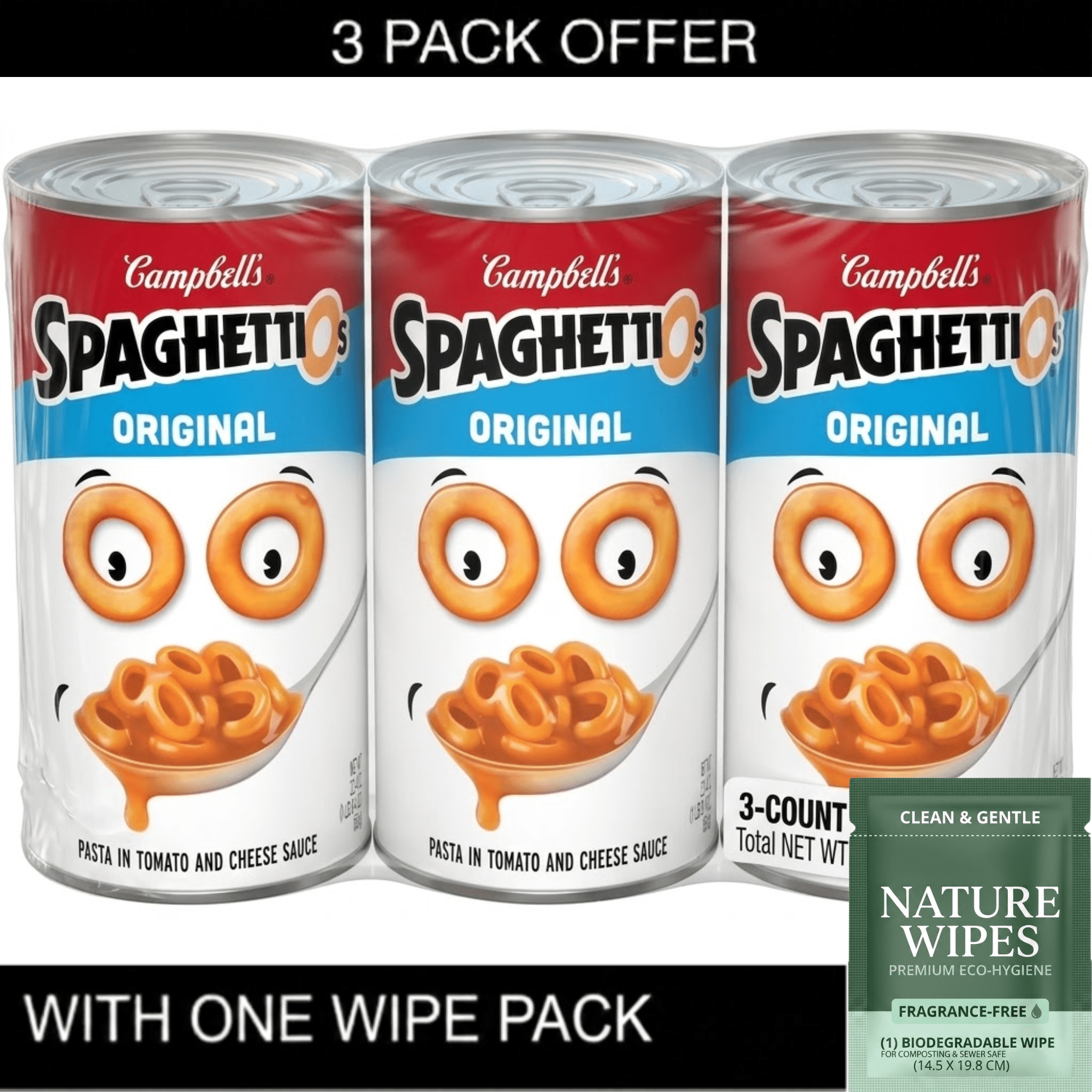 3X SpaghettiOs Original Canned Pasta, 22.4 oz Can & Wipe Pack