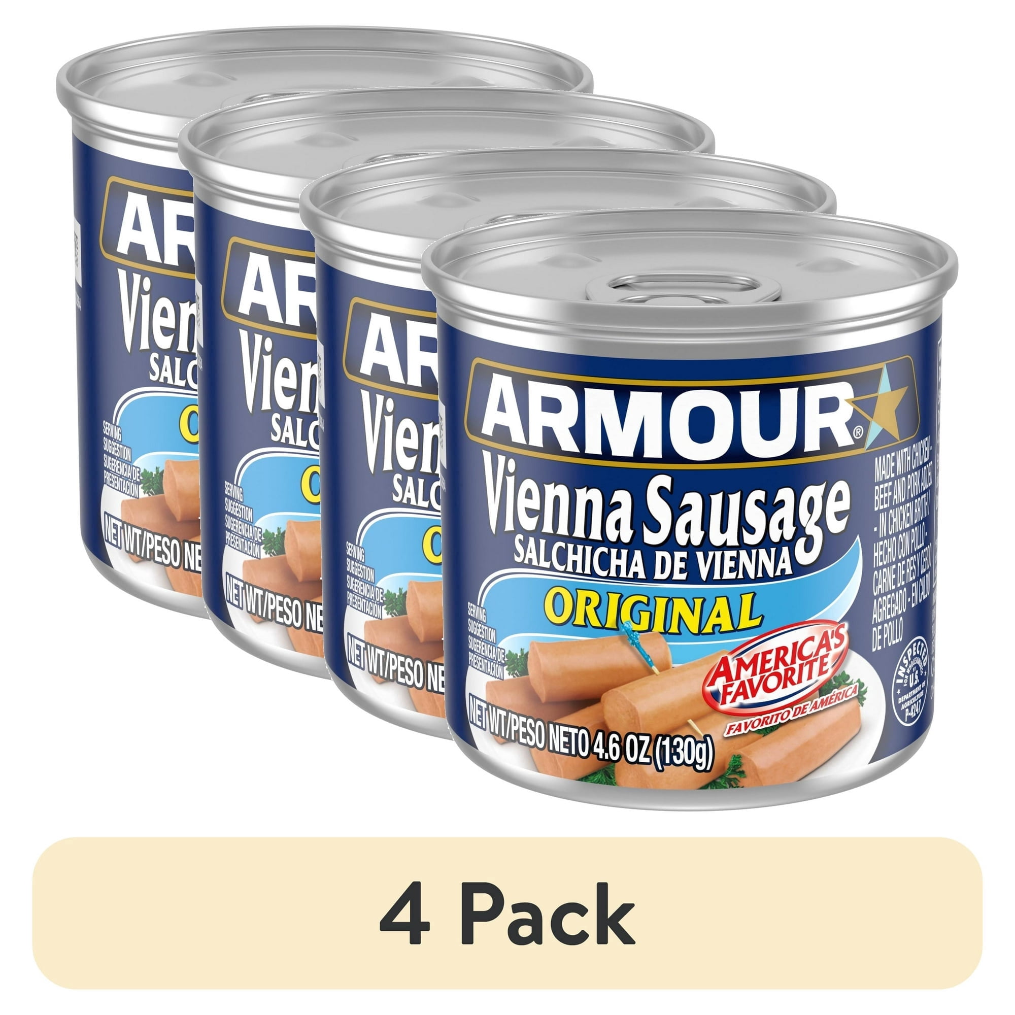(4 Pack) Armour Original Vienna Sausage, 7g Protein Per Serving, 4.6 oz Can