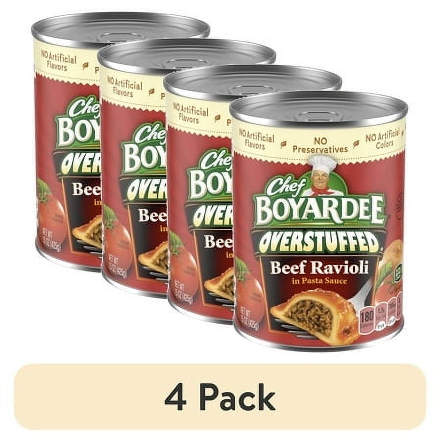 (4 pack) Chef Boyardee Overstuffed Beef Ravioli in Pasta Sauce, Ready-to-Eat Meal, 15 oz. Can