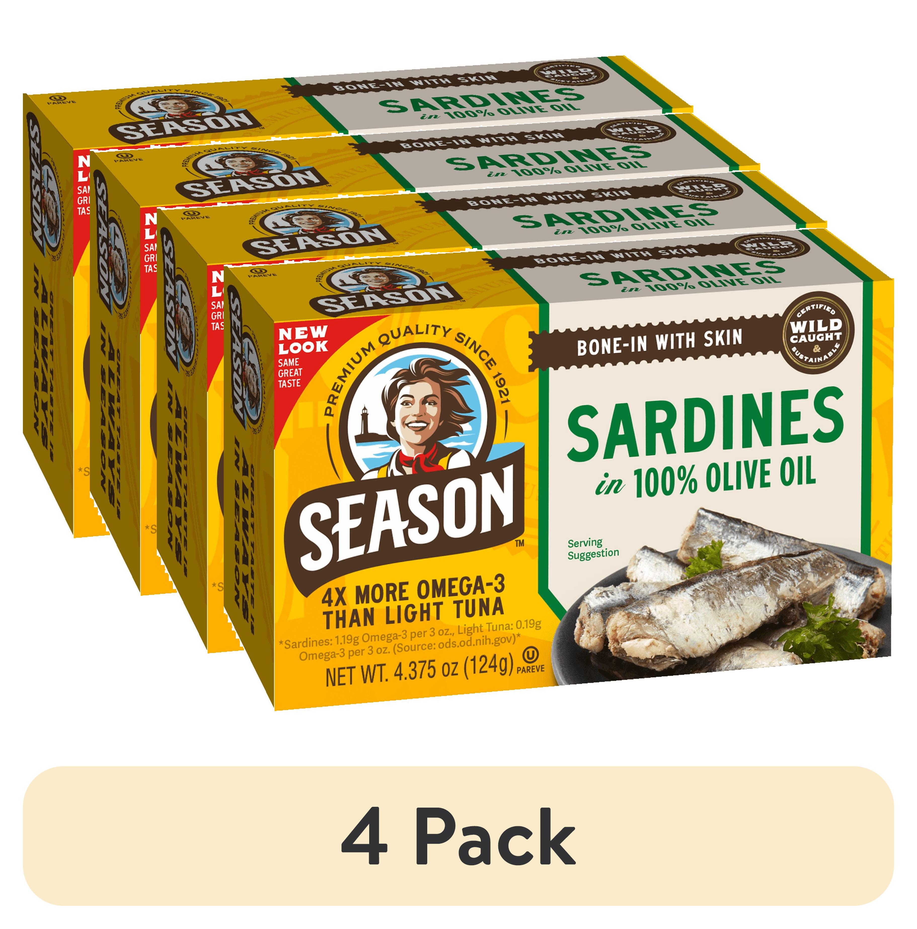 (4 pack) Season Sardines in Olive Oil, Salt Added, 4.375 oz Can