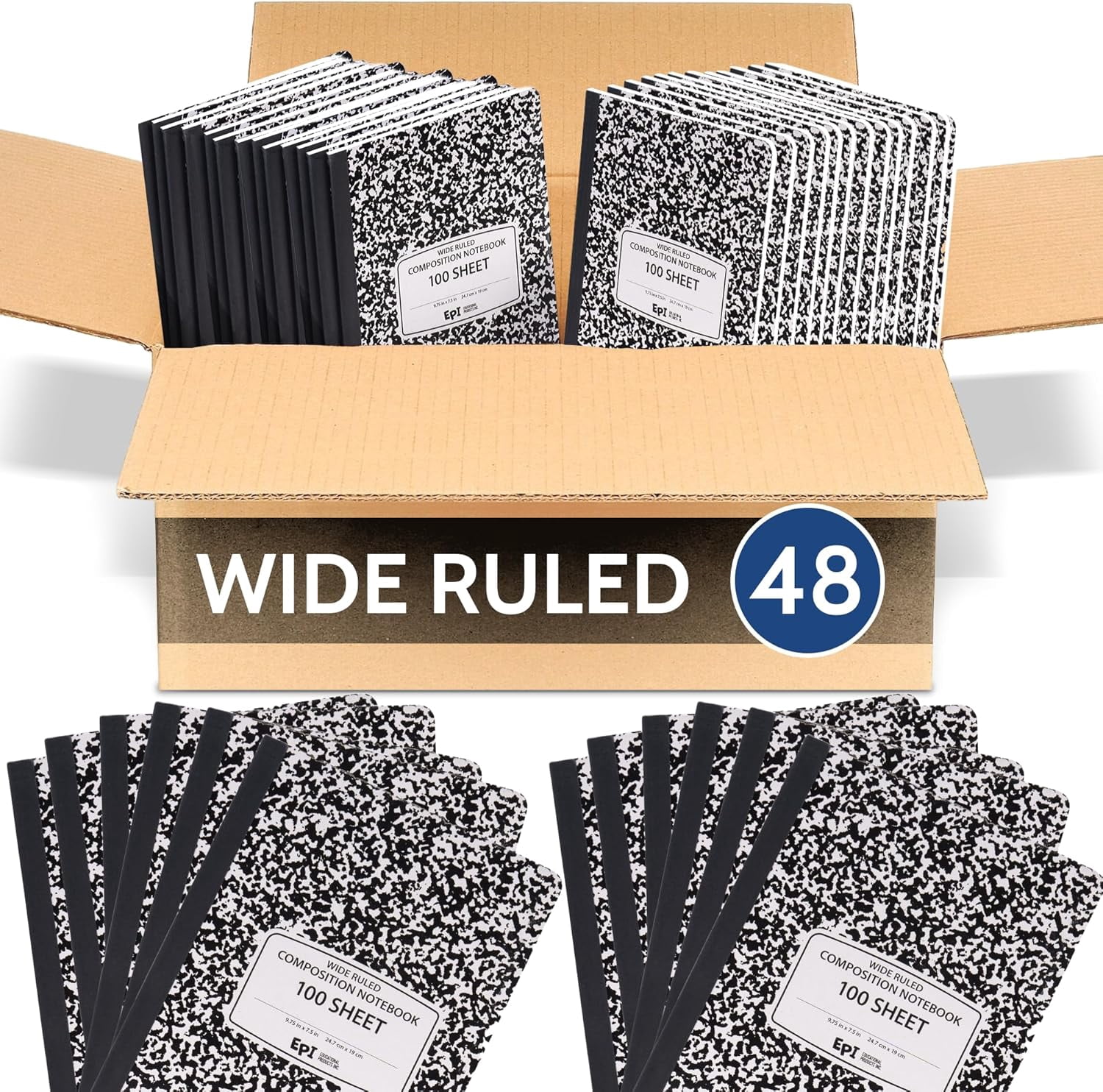 48-Pack Marble Hardcover Wide Ruled Composition Notebook, 200 Pages (100 Sheets), 9.75 x 7.5 in, Sewn Binding