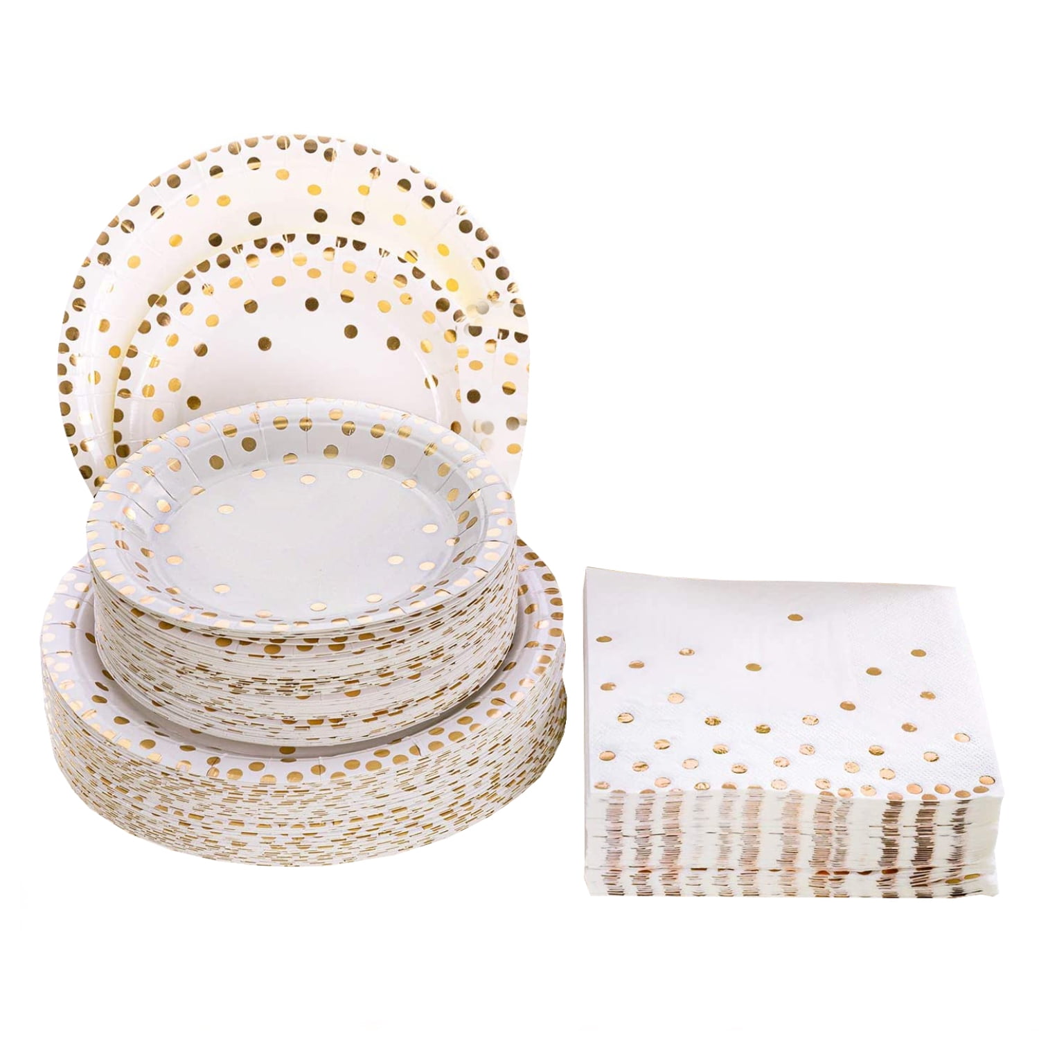 Altatac Gold Dot Party Supply Set, 50 Pieces Napkins and Plates, White/Rose Gold