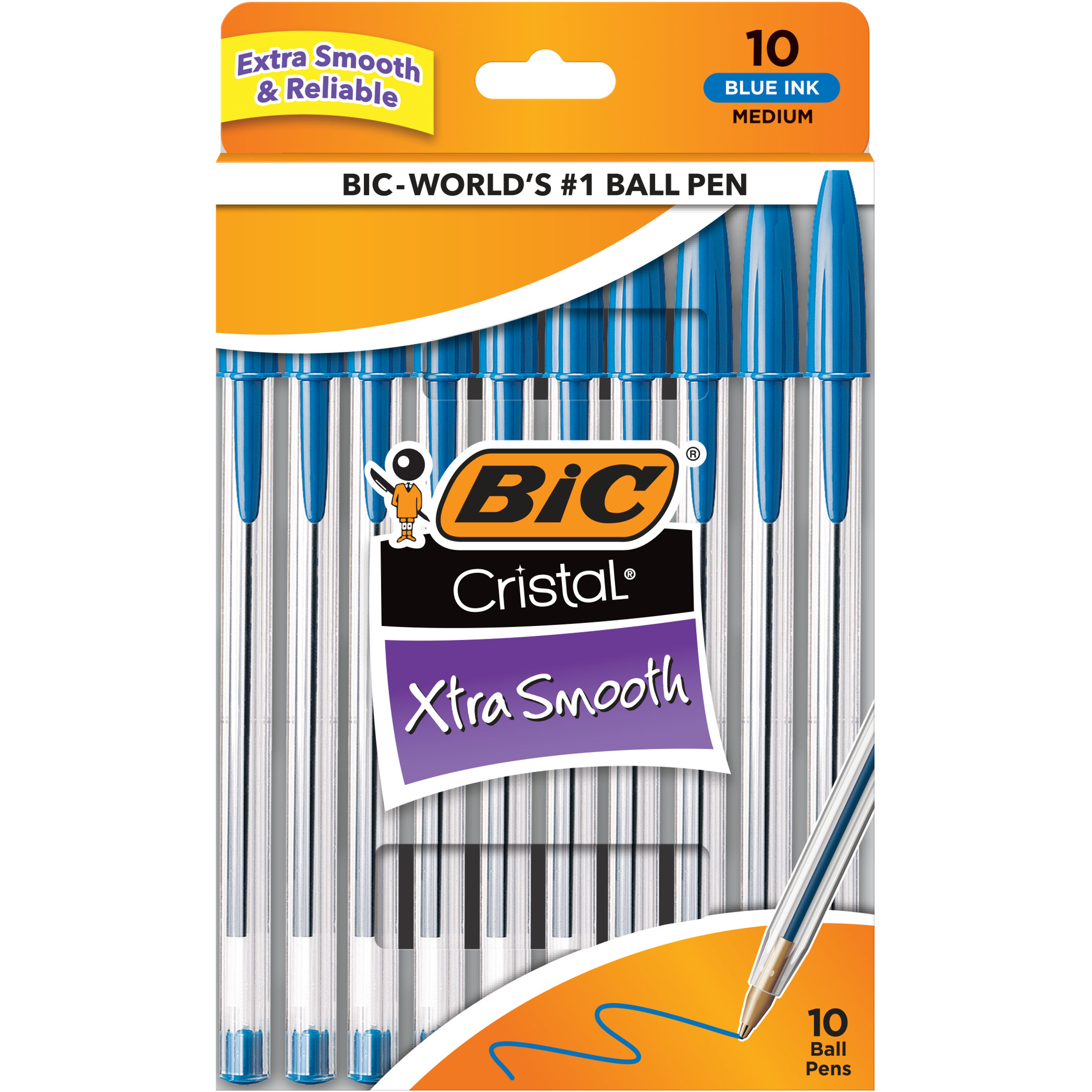 BIC Cristal Xtra Smooth Ballpoint Pens, Medium Point, 1.0 mm, Blue Ink, 10 Count