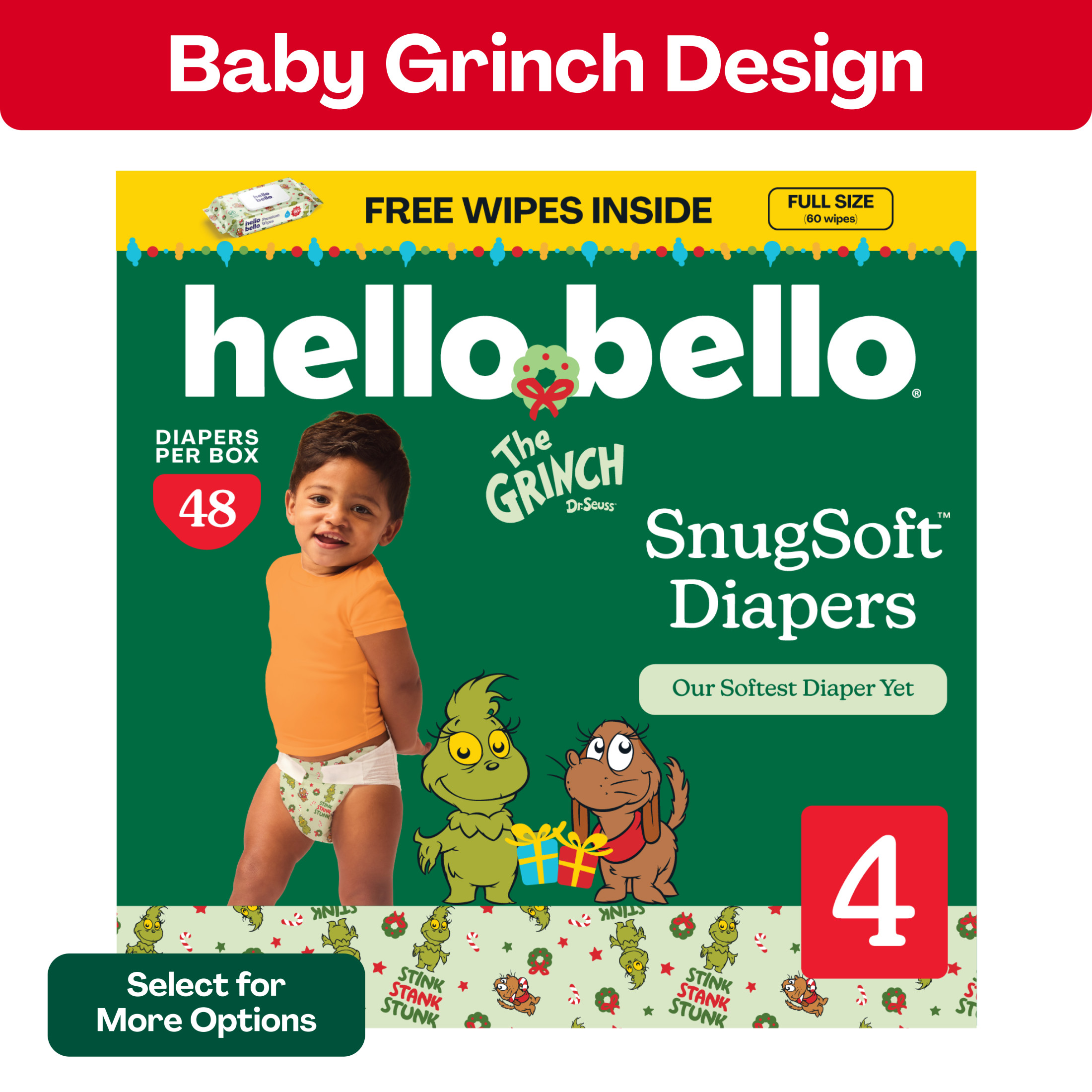 Hello Bello Premium Baby Grinch Diapers Club Box with Bonus Wipes