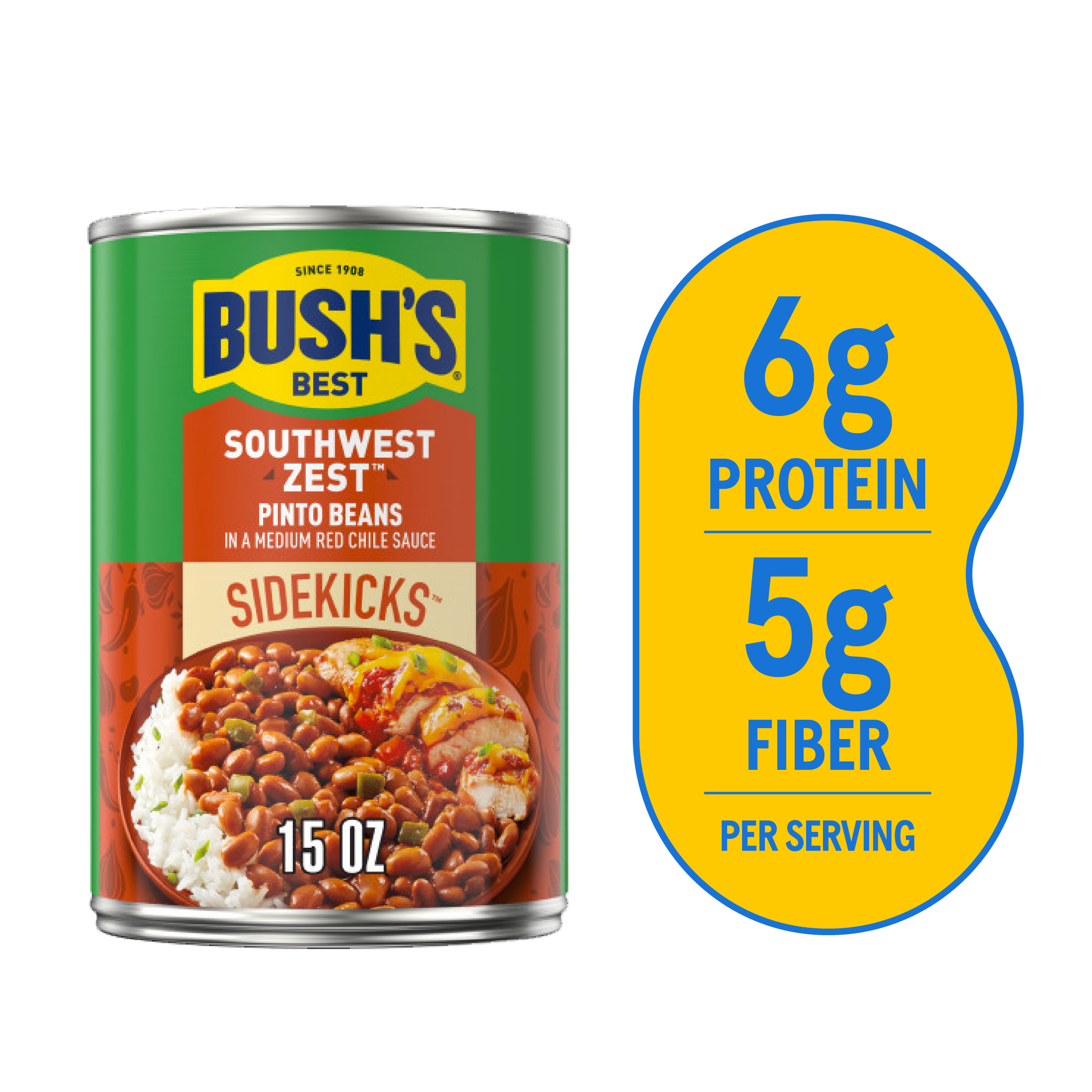 Bush's Sidekicks Southwest Zest Pinto Beans, Canned Beans, 15 oz Can