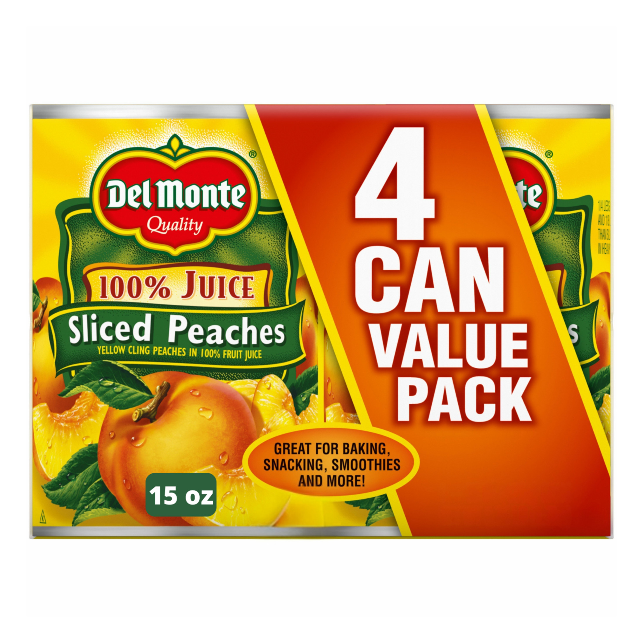 Del Monte Yellow Cling Sliced Peaches in 100% Juice, 15 oz Can (Pack of 4) Canned Fruit