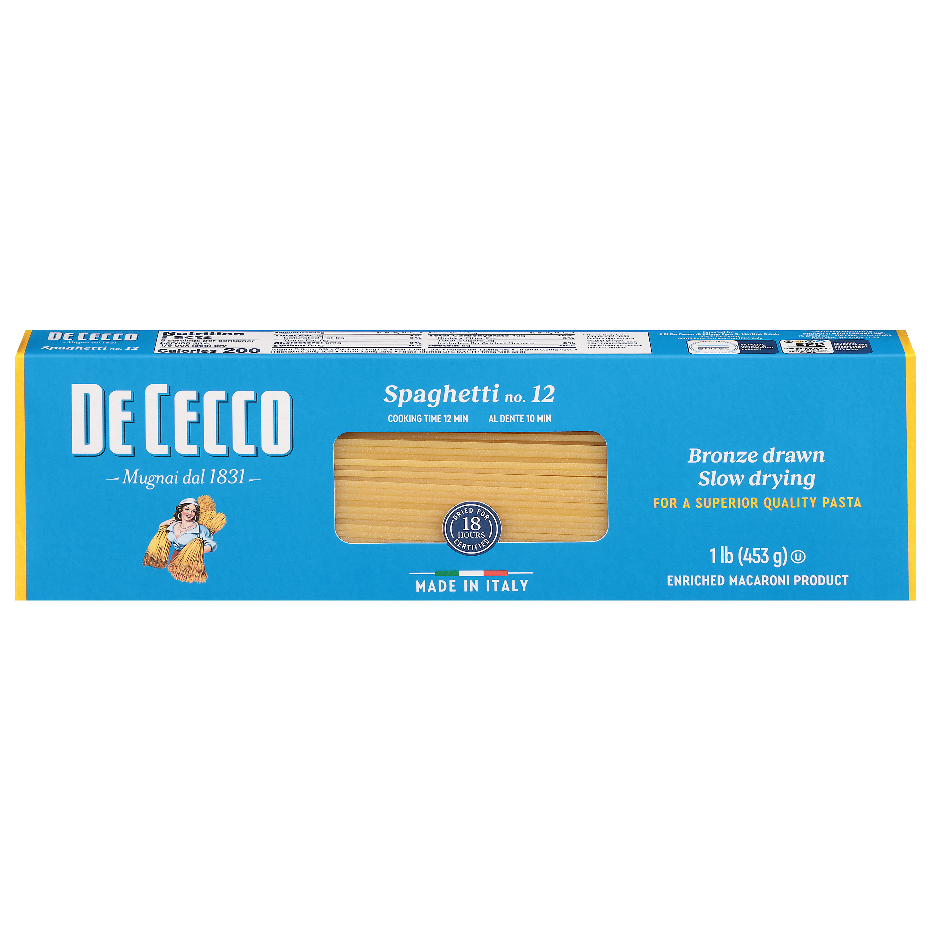 De Cecco Spaghetti No. 12 Pasta, 1 lb. – Made from Coarse Semolina (Durum Wheat), Non-GMO, Slow Dried, Contains Wheat, May Contain Soy.