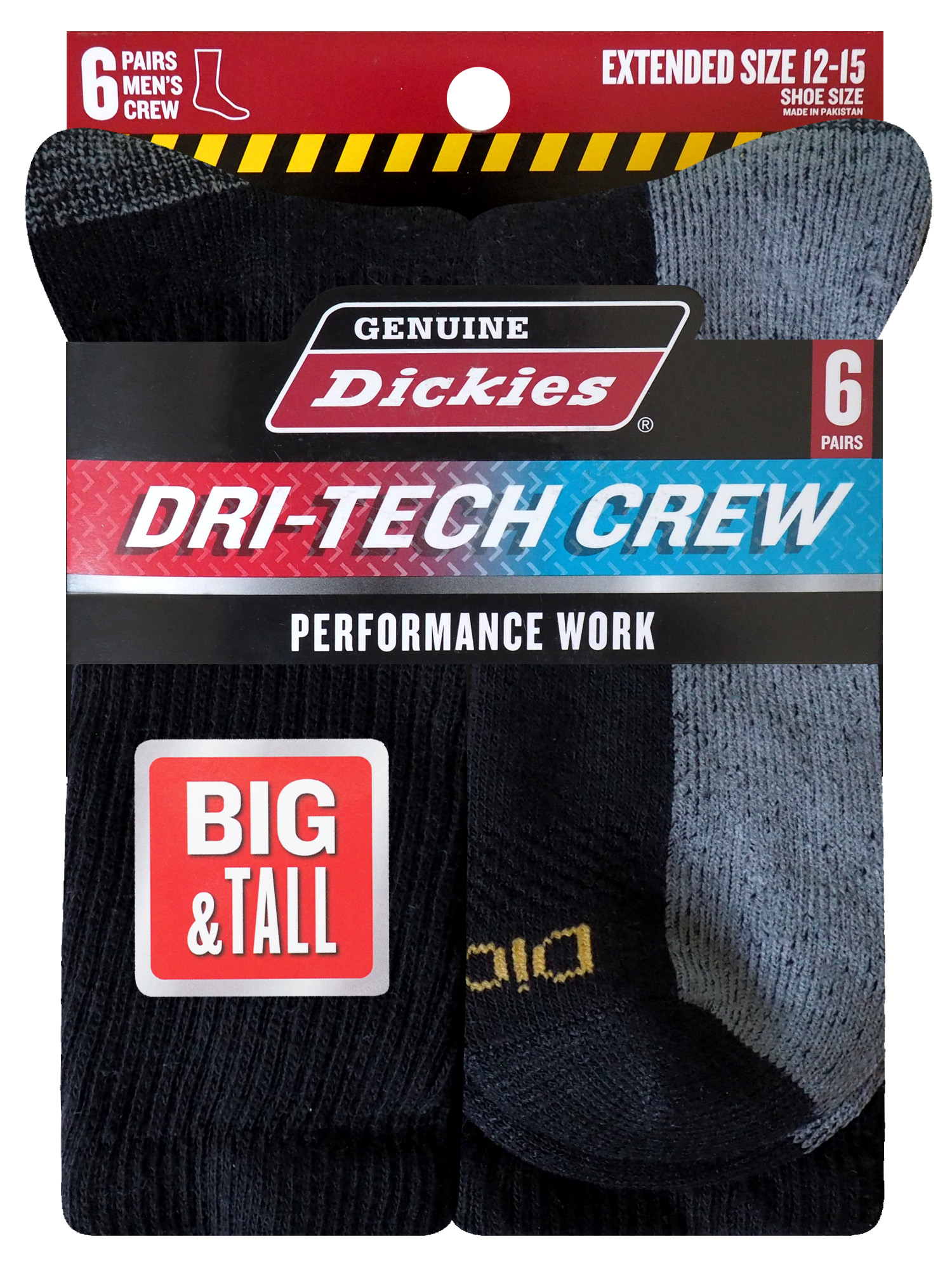 Dickies Men's Dri-Tech Moisture Control Crew Sock, 6-Pack Black, Size 12-15
