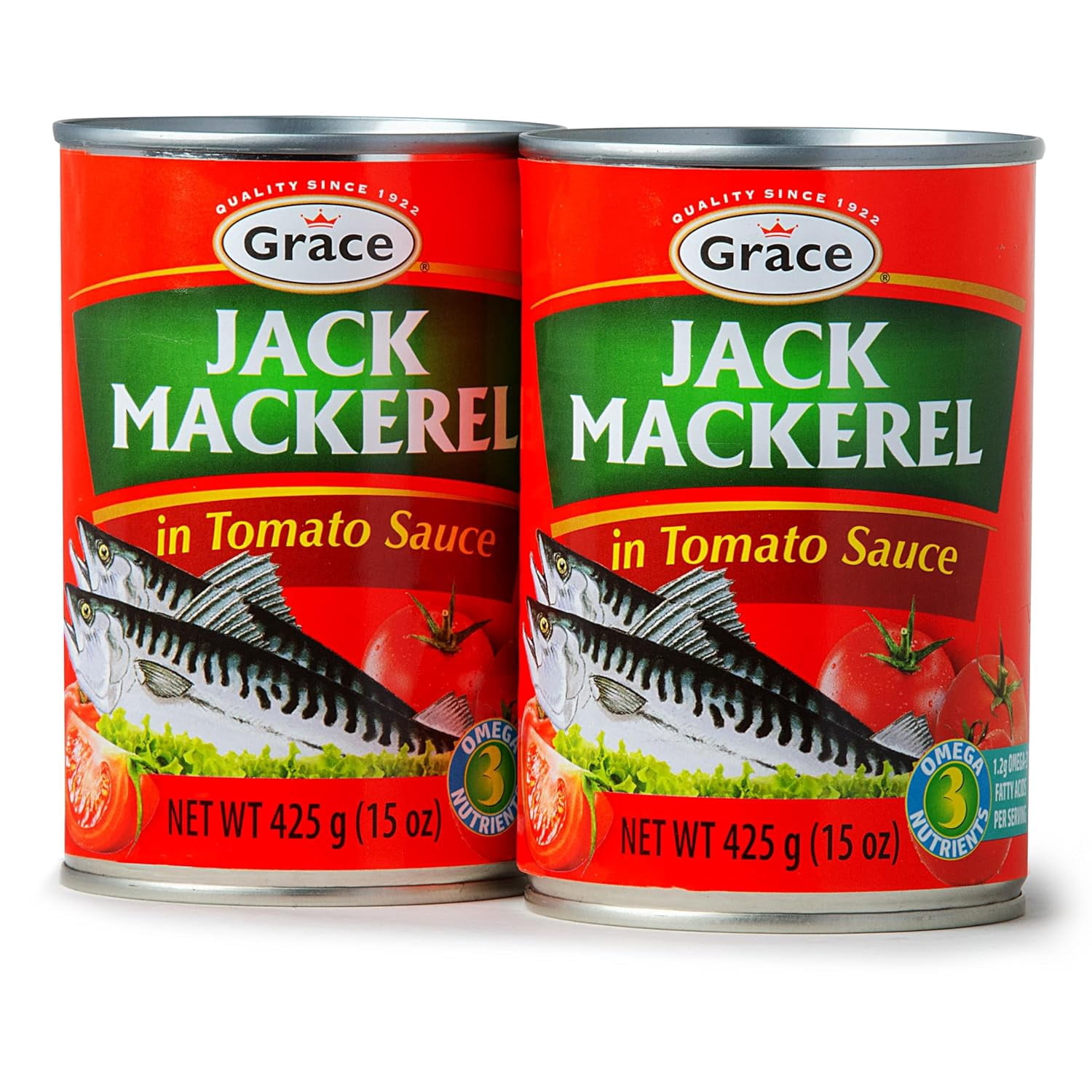 Grace Jack Mackerel in Tomato Sauce 15oz (Pack of 2) Canned Fish, Ready to Eat, Product of Jamaica