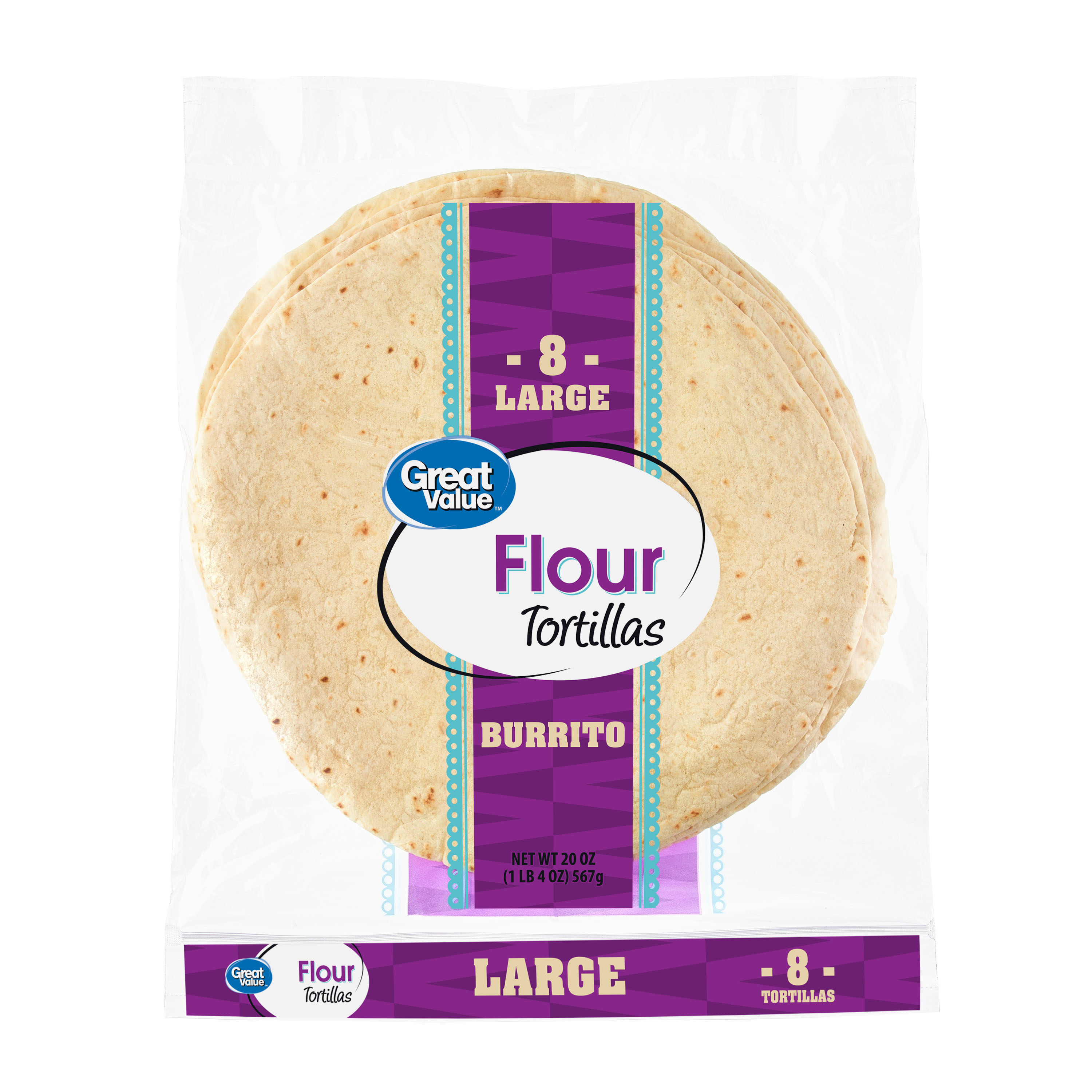 Great Value Burrito Flour Tortillas, 20 oz, 8 Count