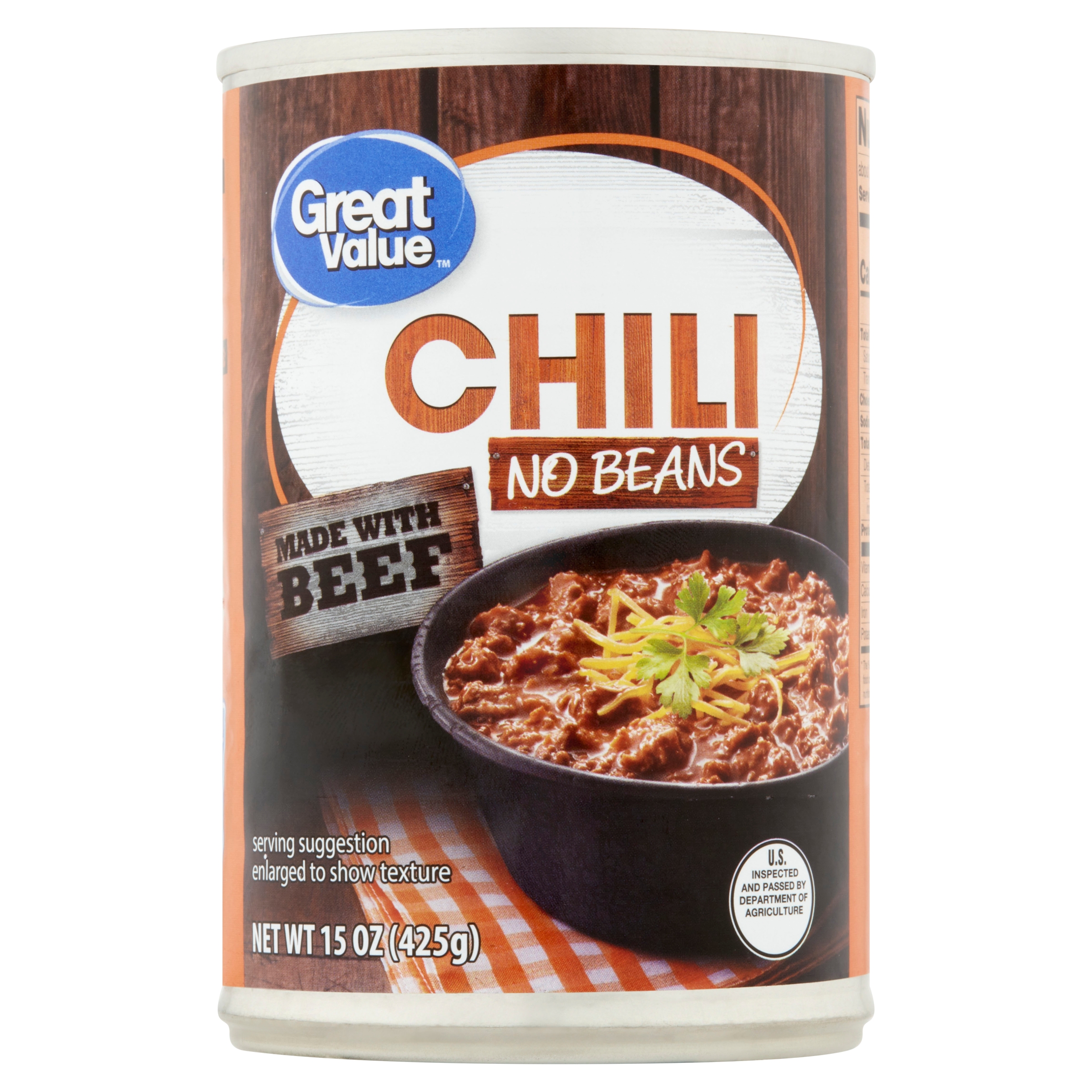 Great Value Chili No Beans, 15 oz, Canned Packaged Meal