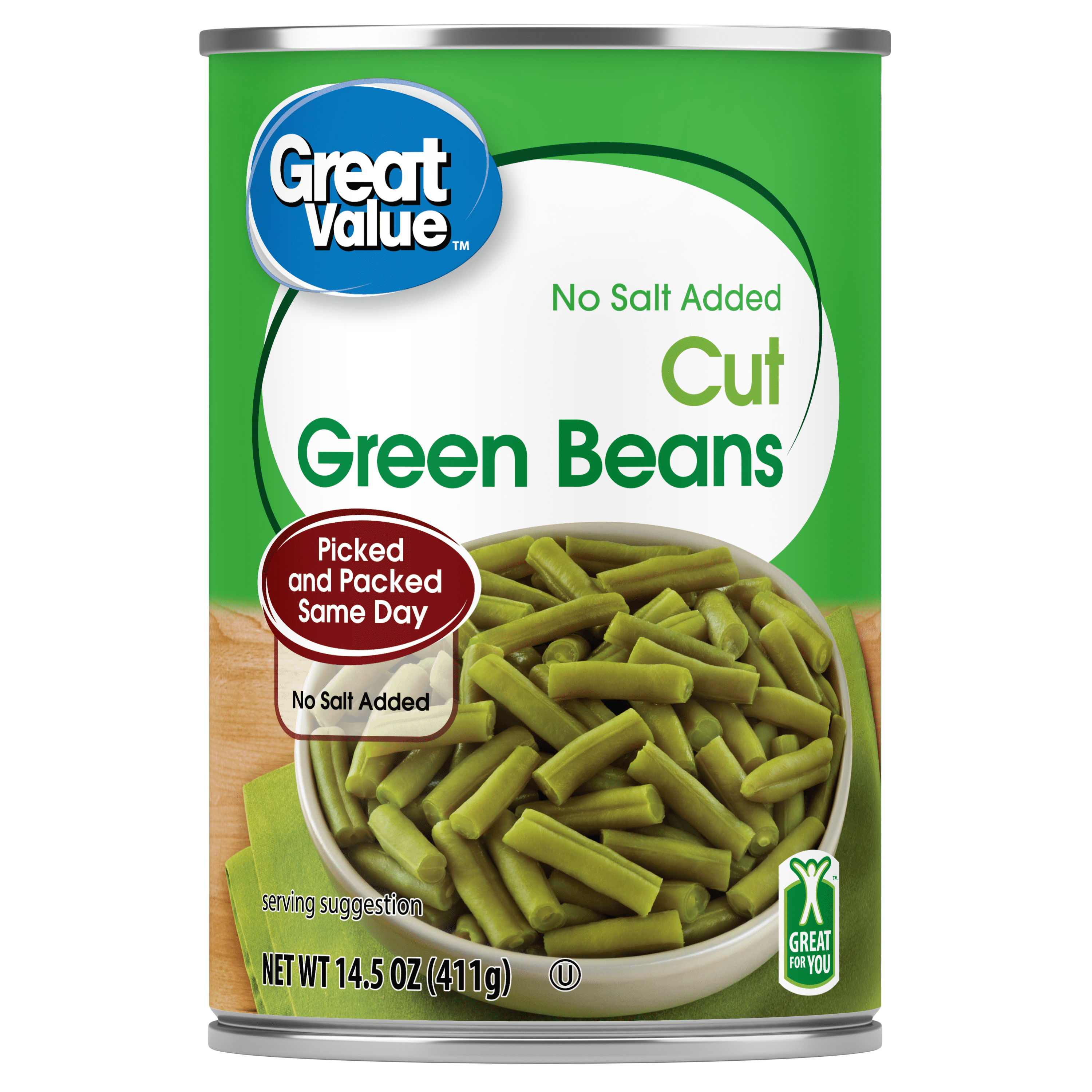 Great Value No Salt Added Cut Green Beans, 14.5 oz