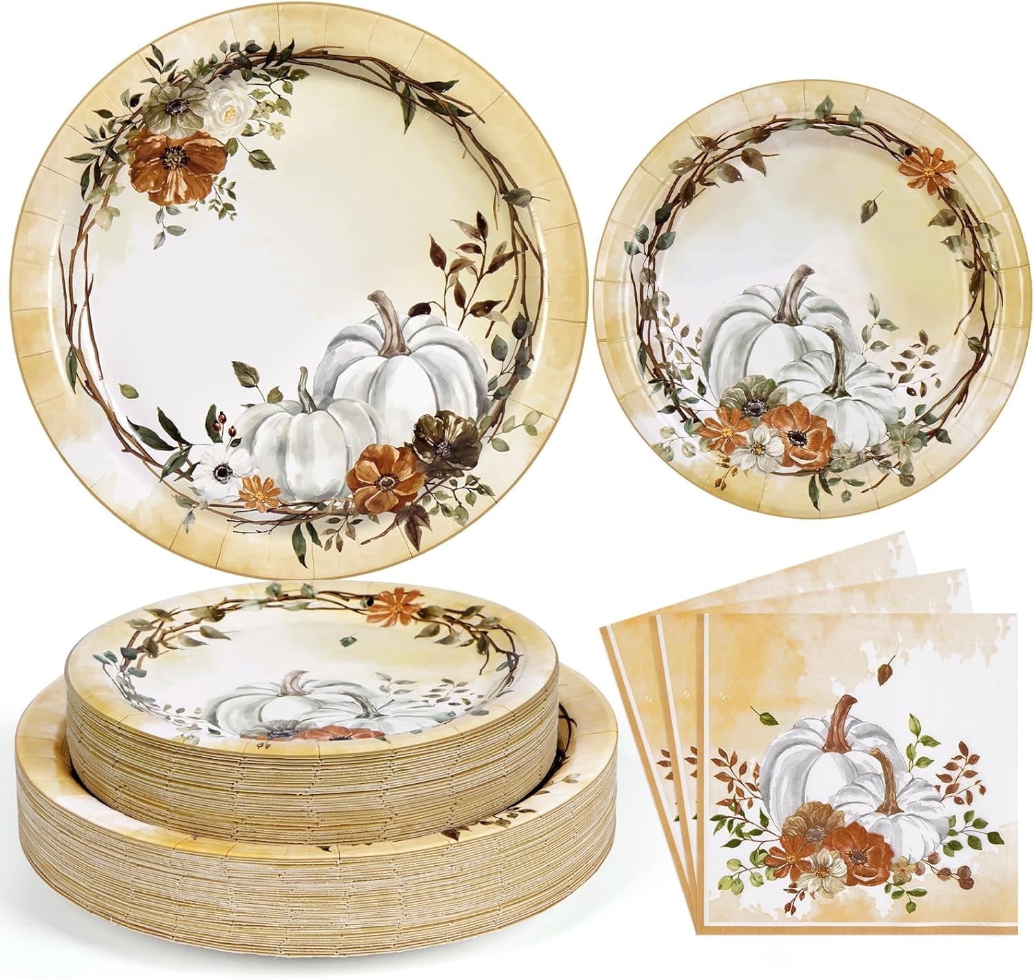 Waipfaru 200 Pcs Fall Paper Plates and Napkins Thanksgiving Party Supplies Sunflower and Pumpkin Disposable Dinnerware Server 50