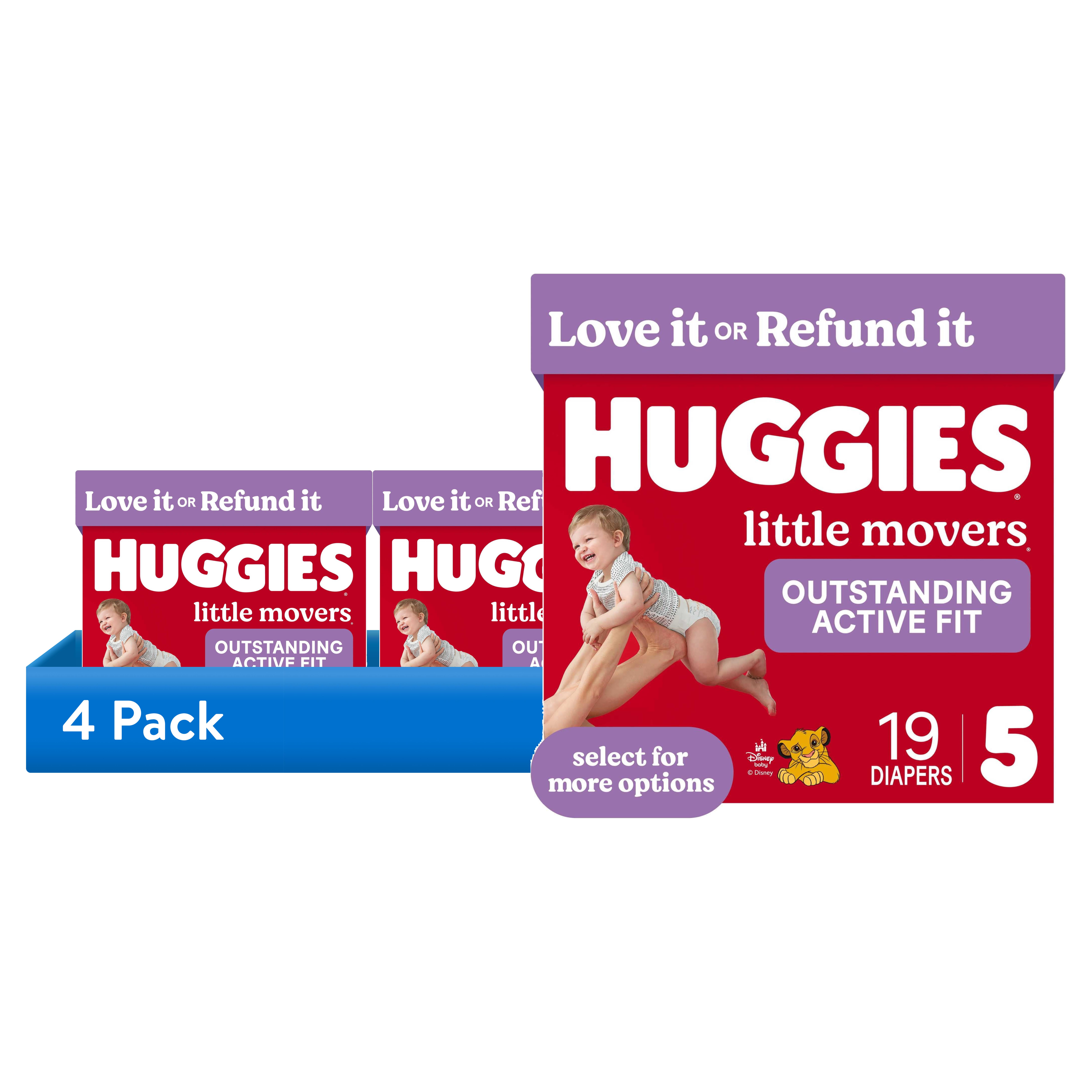(4 pack) Huggies Little Movers Baby Diapers, Size 5 (27+ lbs), 19 Count