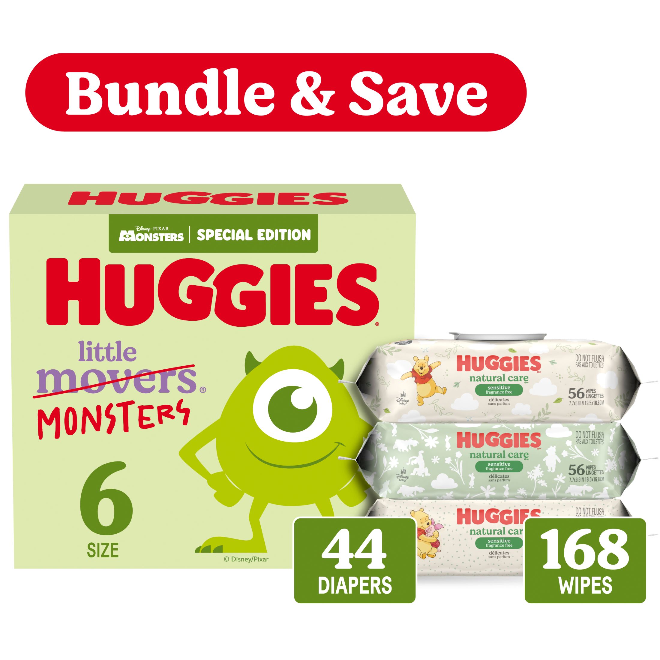 Huggies Little Movers, Little Monsters Edition Baby Diapers & Huggies Natural Care Wipes Bundle
