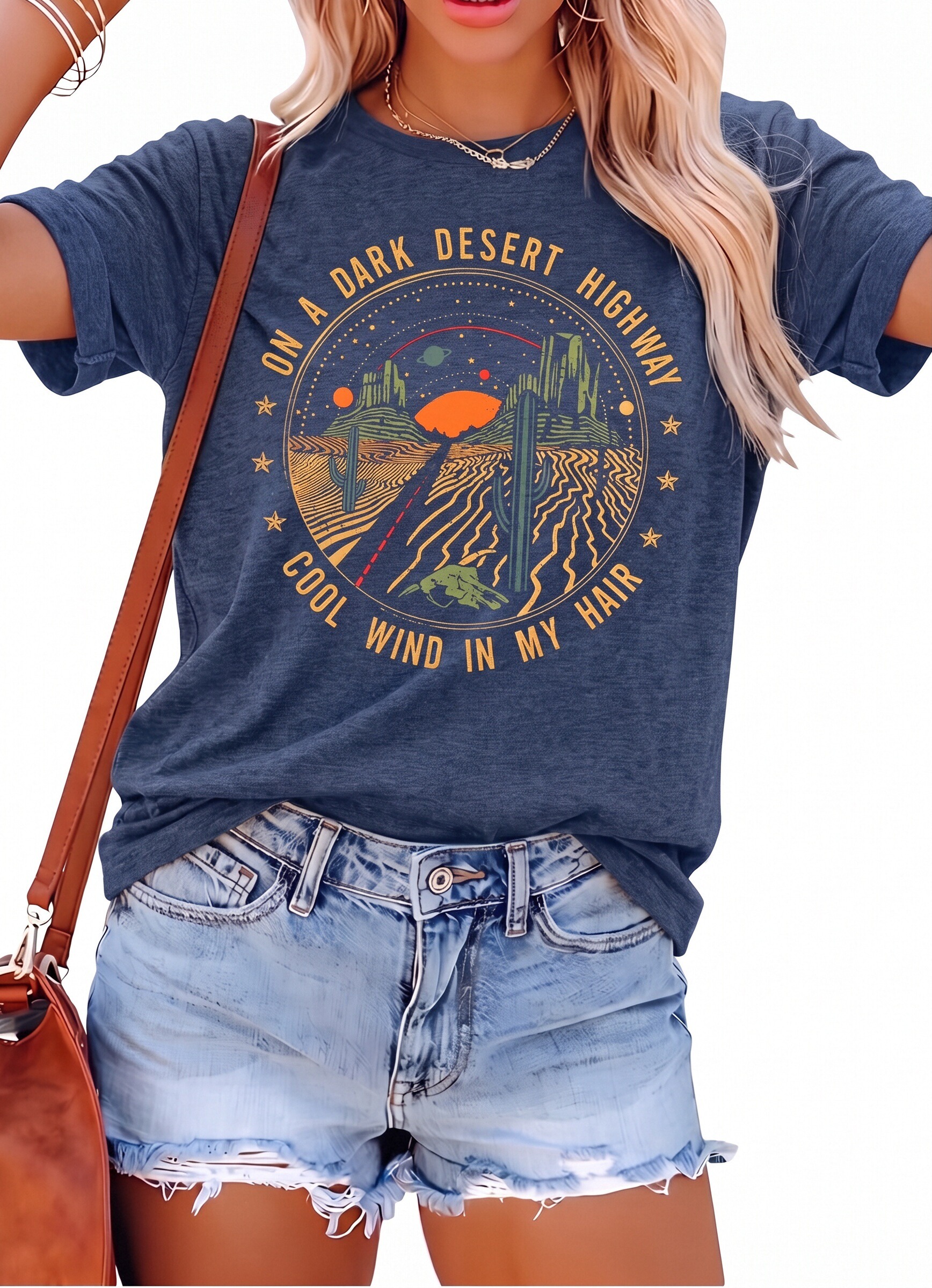 Women Retro Desert Highway T-Shirt Adventure Shirts Funny Nature Graphic Tee Casual Short Sleeve Tee Tops
