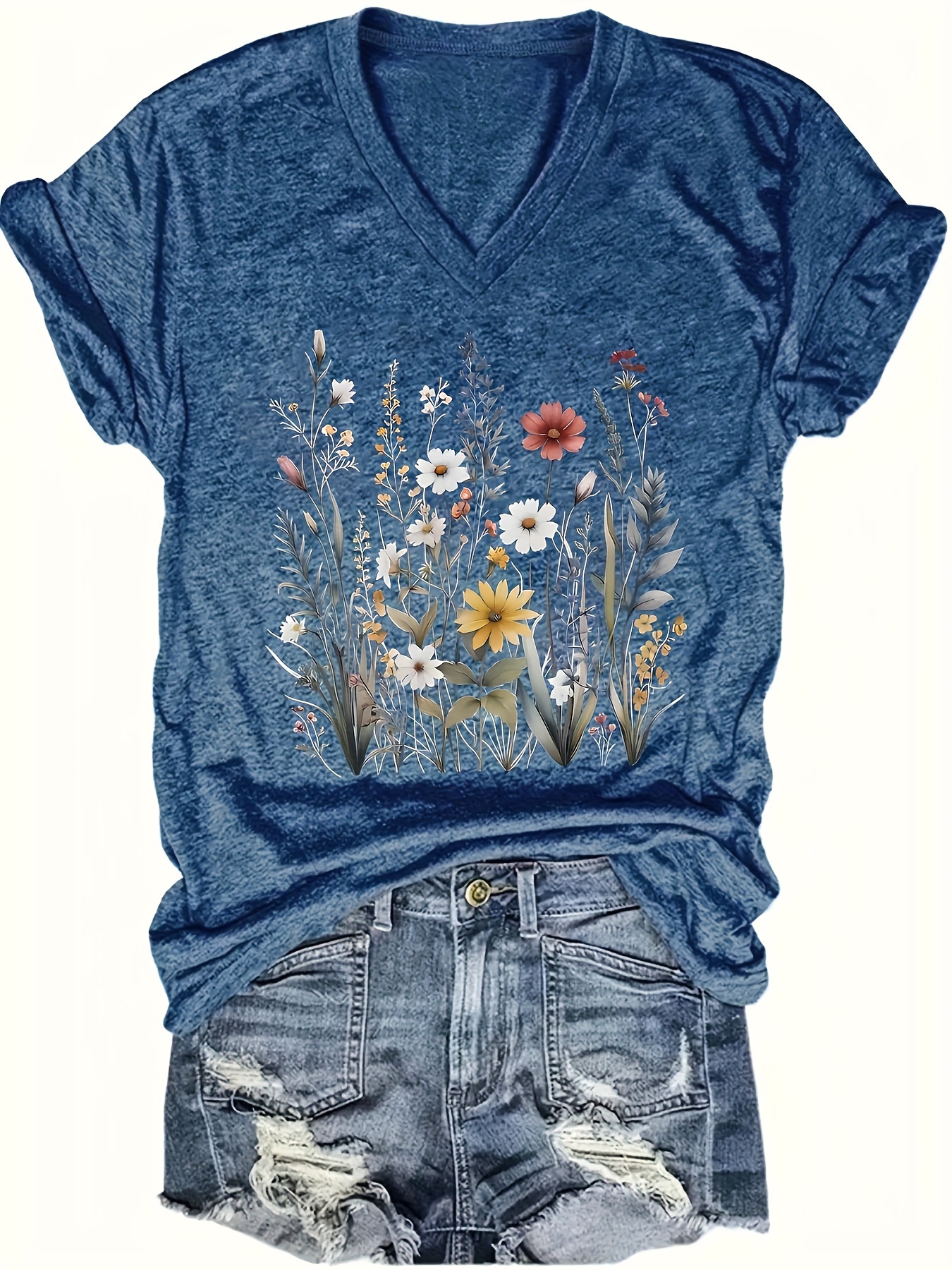 Women's Vintage Floral Graphic T-Shirt Boho Wildflower Print, Loose-Fit V-Neck Short Sleeve Casual Tee Top