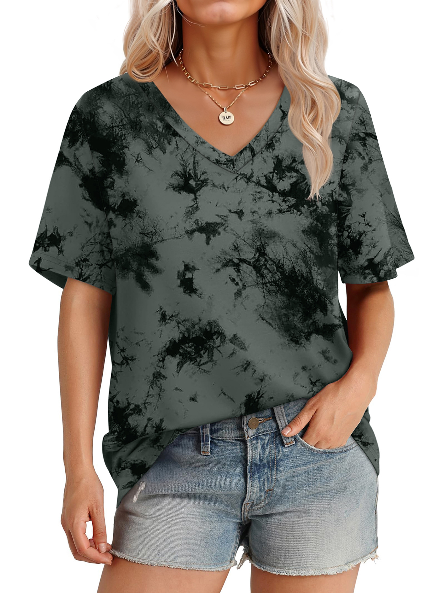 Womens T-Shirts V Neck Short Sleeve Loose Tees Tops Casual Tie Dye Shirts for Women