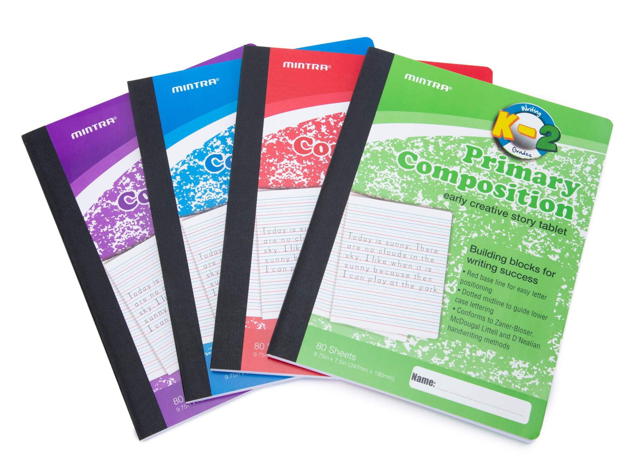 Mintra Primary Composition Notebook 4PK - Full Page - Assorted - Flexible Hardcover (09271) - 80 Sheets