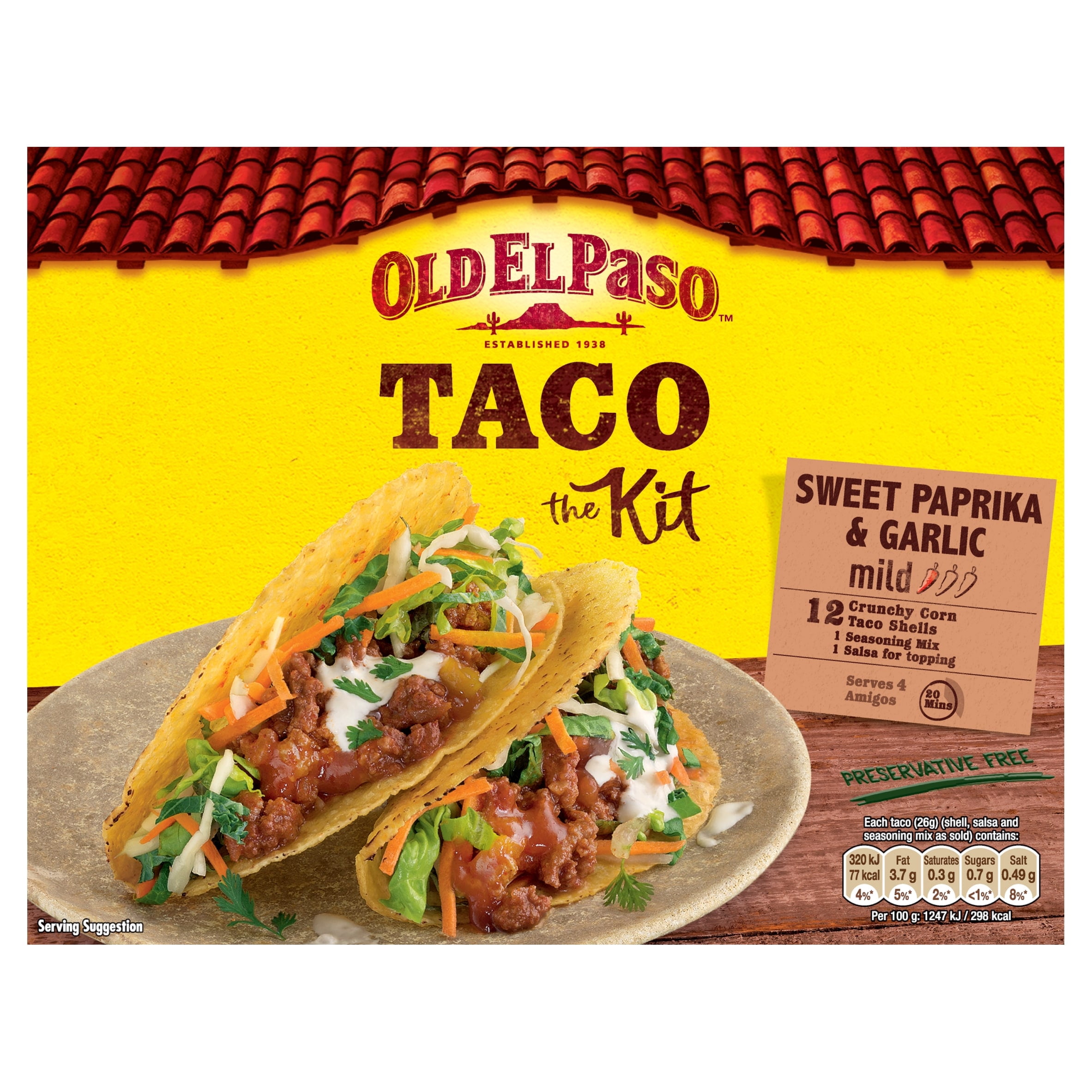 Old El Paso Sweet Paprika & Garlic Crunchy Taco Kit 308g, Imported from Britain