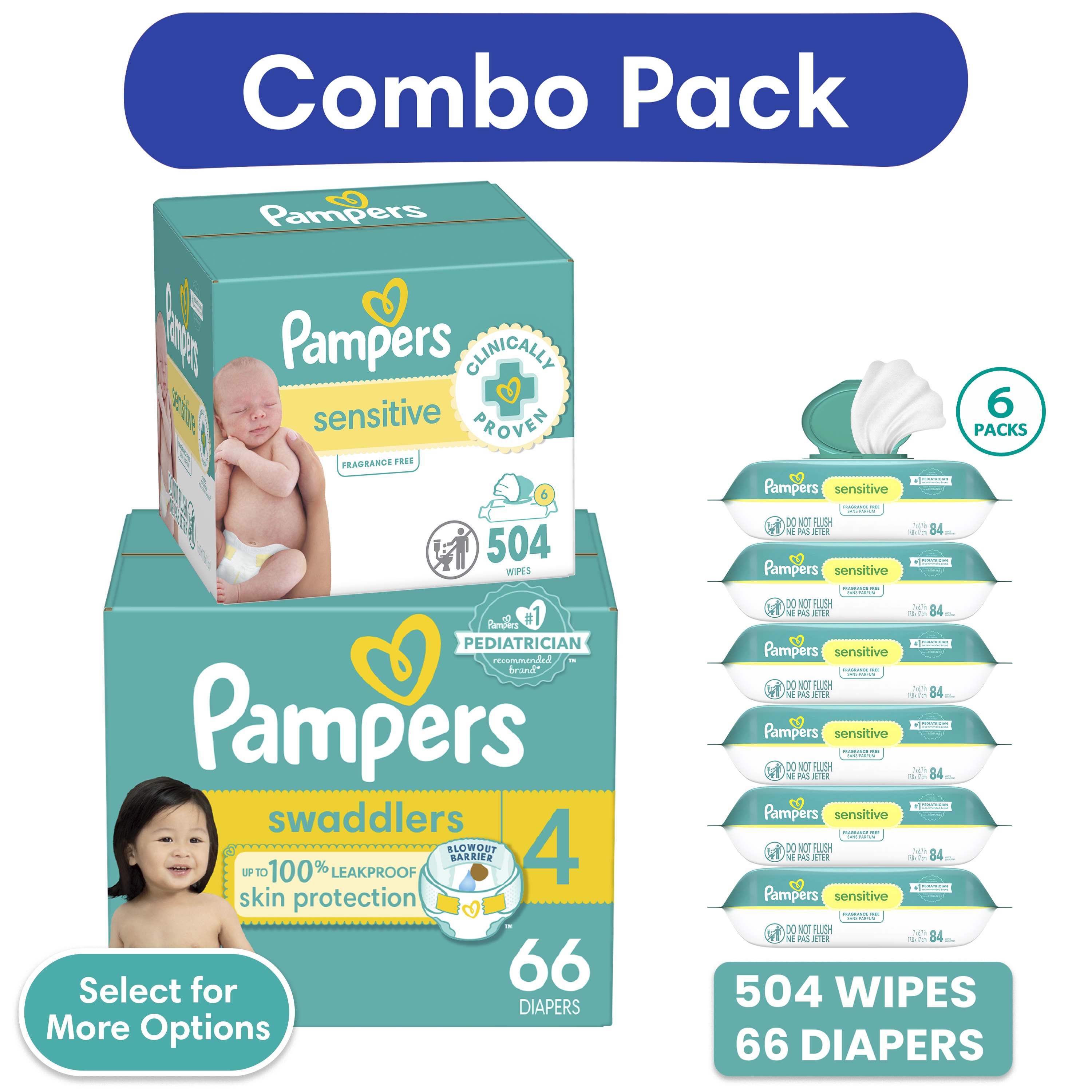 Pampers Swaddlers Diapers and Pampers Sensitive Baby Wipes 6-Pack 504 Wipes
