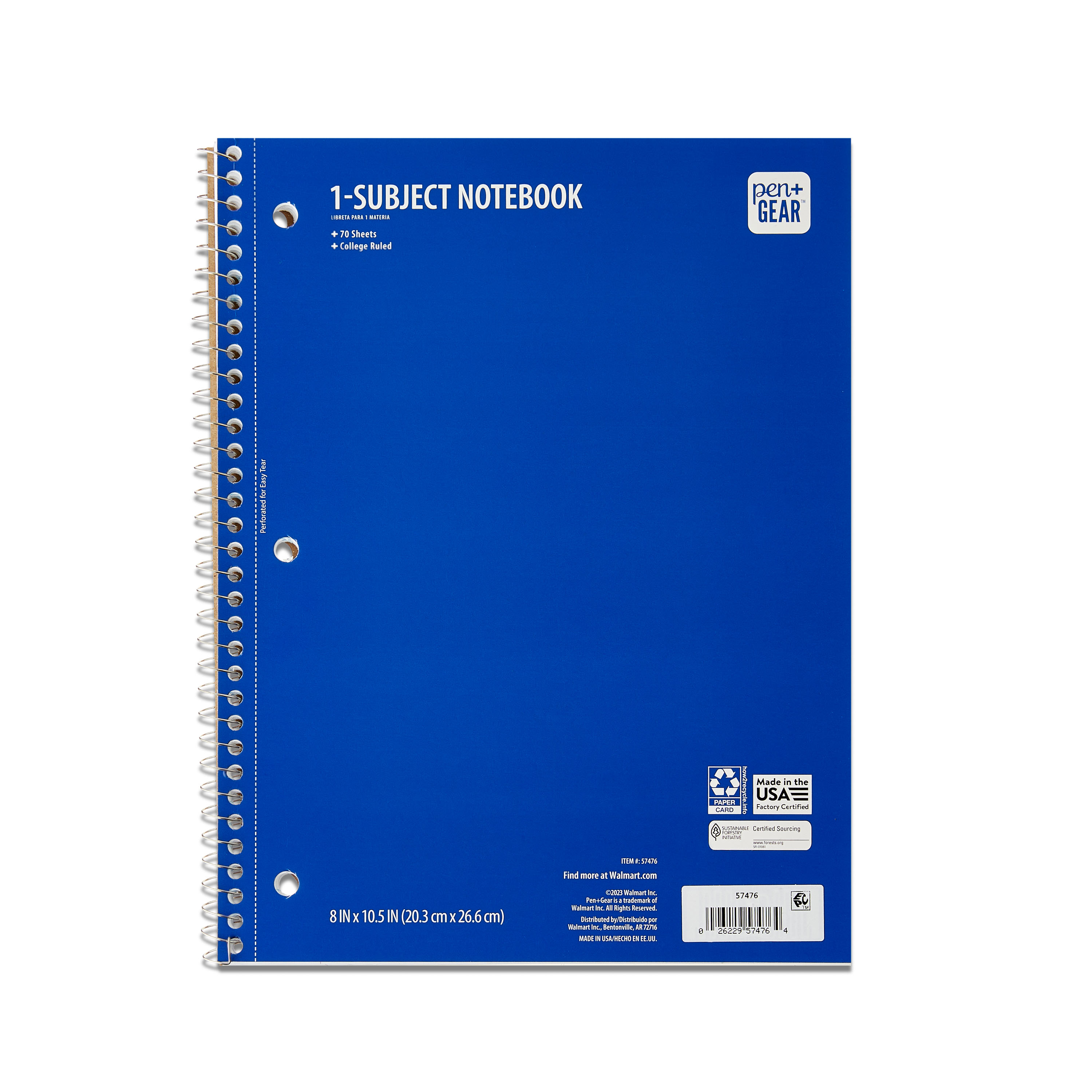 Pen+Gear 1-Subject Spiral Notebook, College Ruled, 8 in x 10.5 in, Blue, 70 Sheets