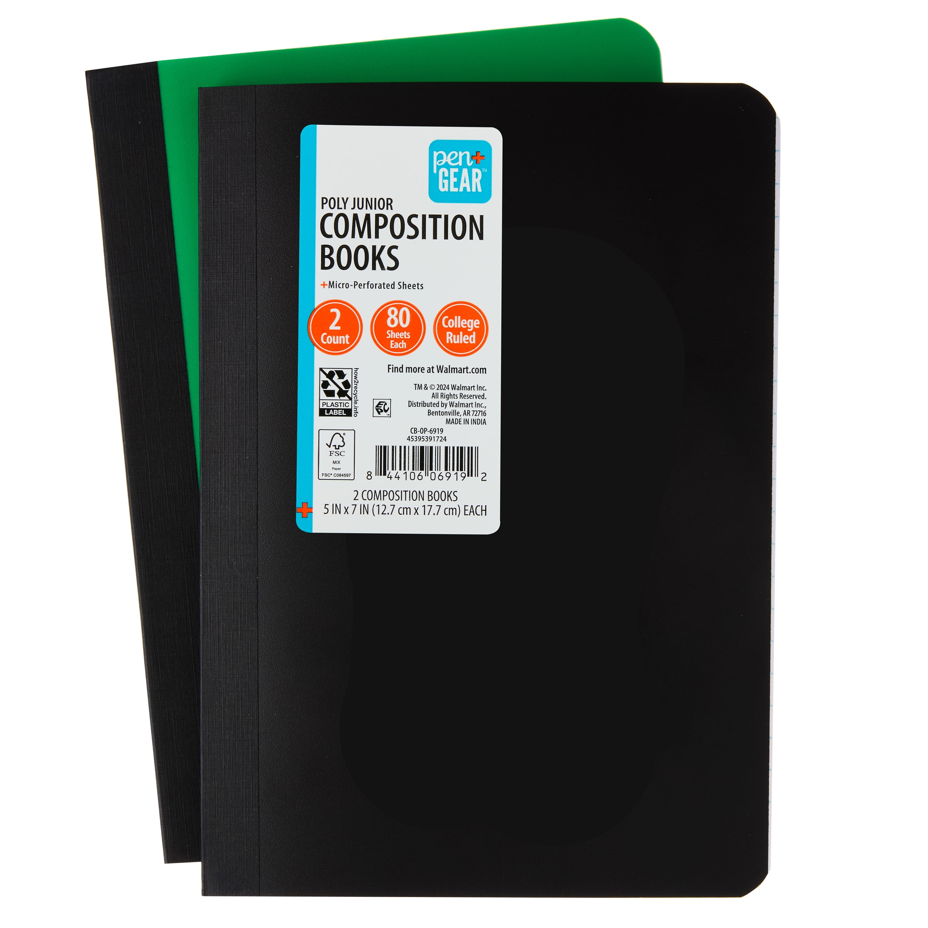 Pen+Gear 2 Pack College Ruled Poly Composition Books, 5x7 inches, 80 Sheets Each